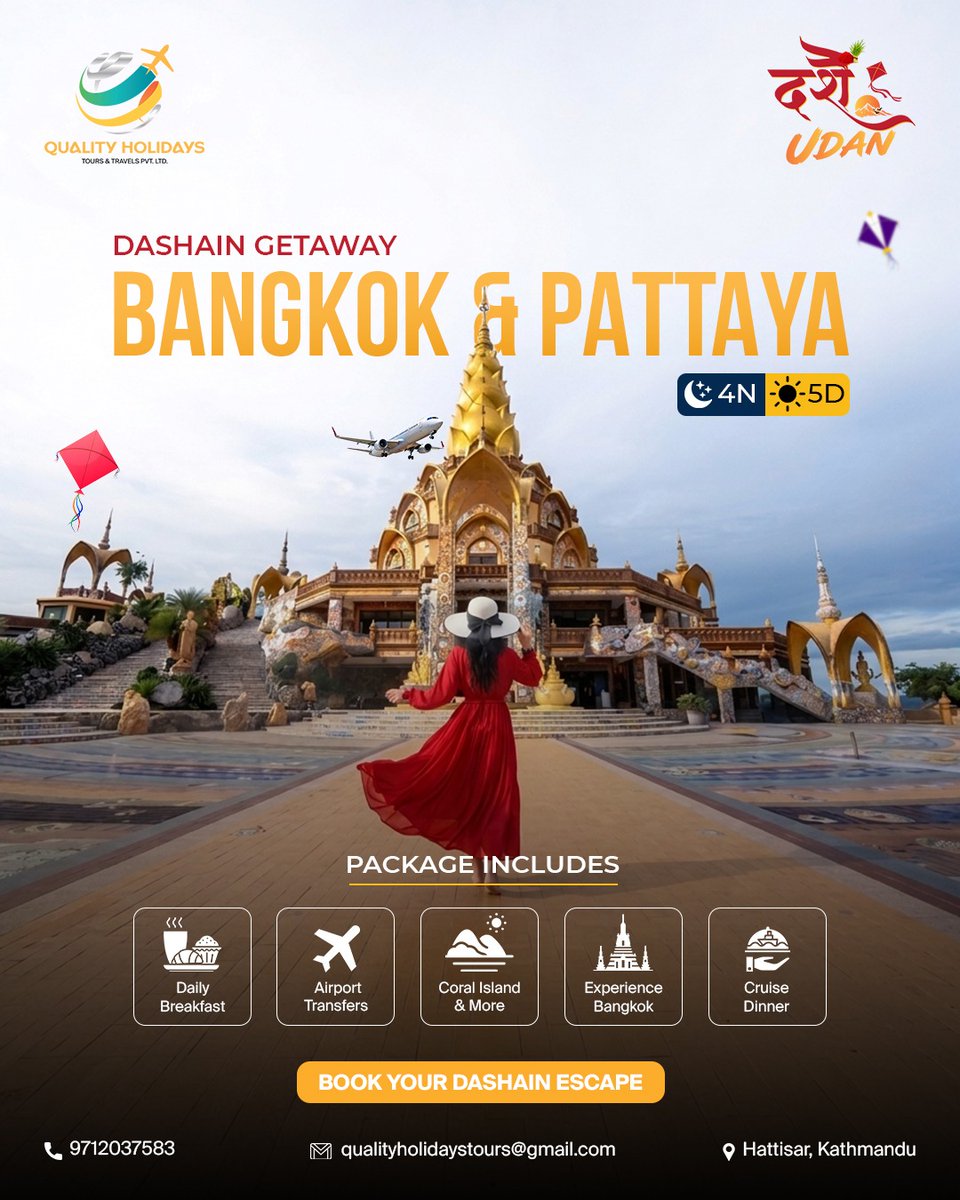 reeq_93's tweet photo. This Dashain, escape to Bangkok &amp; Pattaya for 4 nights and 5 days of island adventures, city exploration, breakfast, airport transfers, and a memorable cruise dinner. Travel, relax, and make lasting memories with Quality Holidays. https://t.co/owFykX6UGw