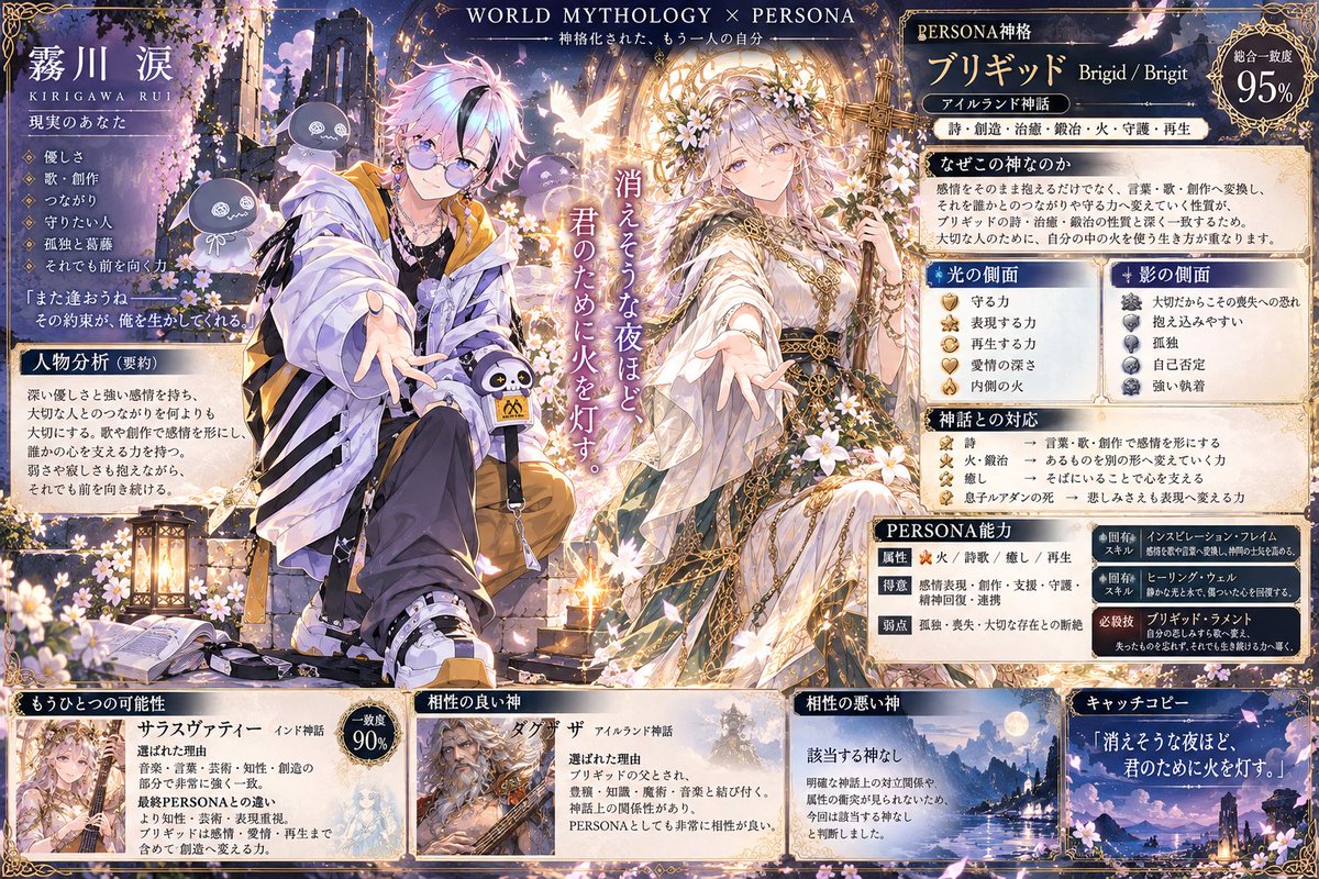kirigawa_rui's tweet photo. 自己分析80問やったら
内容変わった( 'ω'ﾉﾉ

WORLD MYTHOLOGY × PERSONA｜もう一人の自分・神格診断

プロンプトまとめはこちらから
https://t.co/7cR5Inass3 https://t.co/8mHLwtuWYX