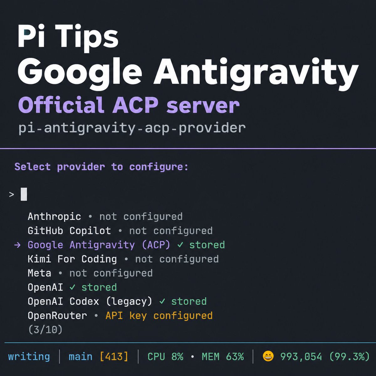Pi provider list showing Google Antigravity (ACP) configured inside Pi alongside other providers