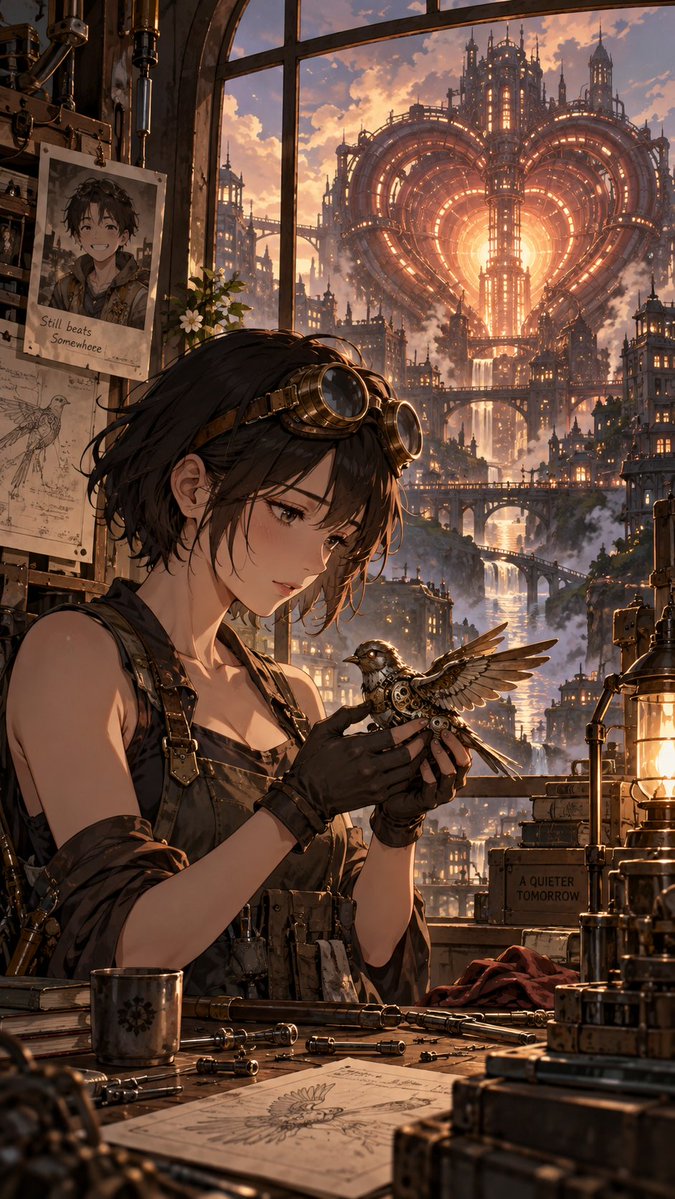 DownloadsUsenet's tweet photo. Heartware: A robot repairer can fix every broken machine except the city whose power source is her missing brother's heartbeat.

Original AI anime concept.
#AnimeConcept #AIArt https://t.co/TuJbw7APhC