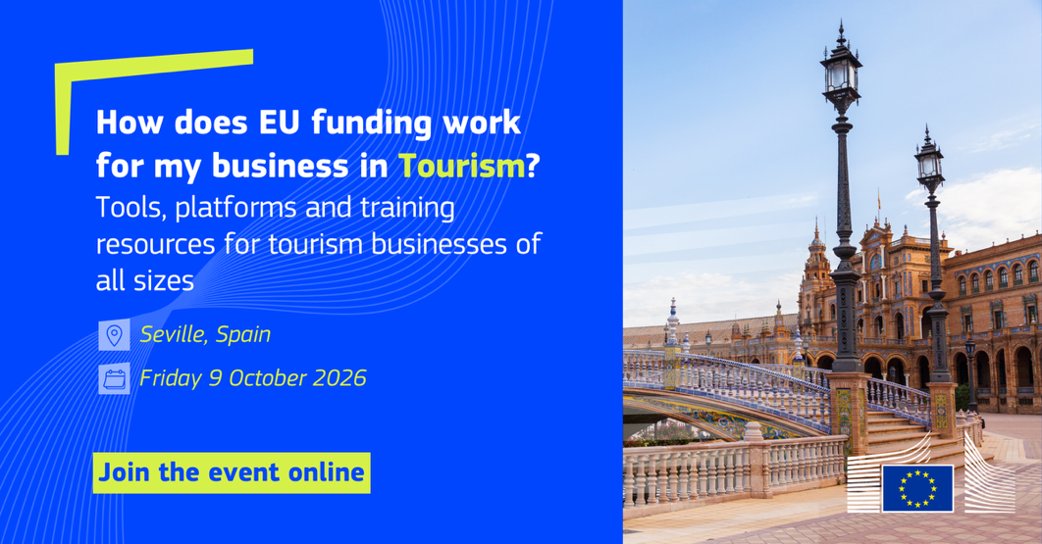 EU_EISMEA's tweet photo. Ready for a day of practical insights on #EUFunding for tourism? See you in Seville this Friday!
🧳 Make sure you've packed questions about EU funding for tourism & an appetite for new tools & training opportunities.
Join us in person or online: https://t.co/lmOULoVKW1 https://t.co/aRkAzWqV6C