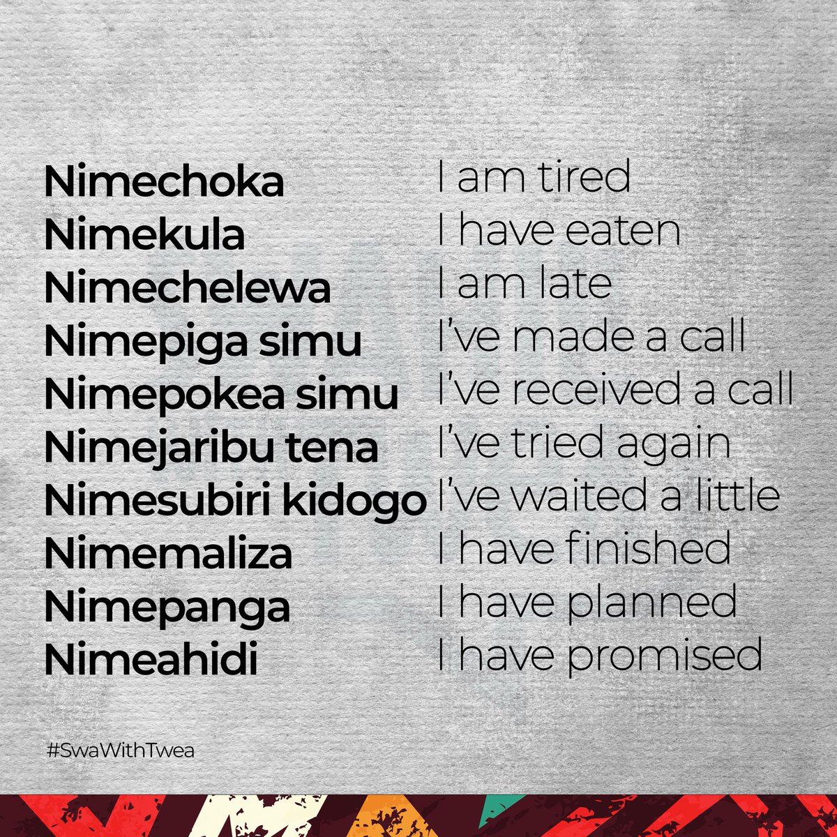 KiswahiliNaTwea's tweet photo. Hamjambo 
Expand your #Swahili diction.
#SwaWithTwea https://t.co/4KohQVMIIH