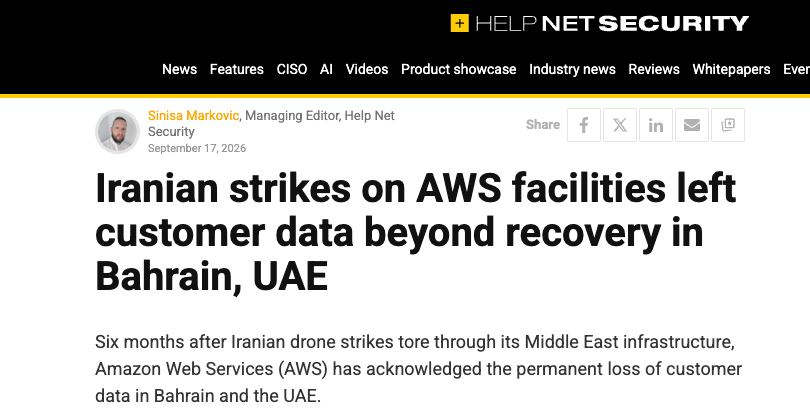 tpschmidt_'s tweet photo. AWS says the data in its Bahrain region is gone!
Not degraded. Gone forever 😅 https://t.co/dkbYjoNyED