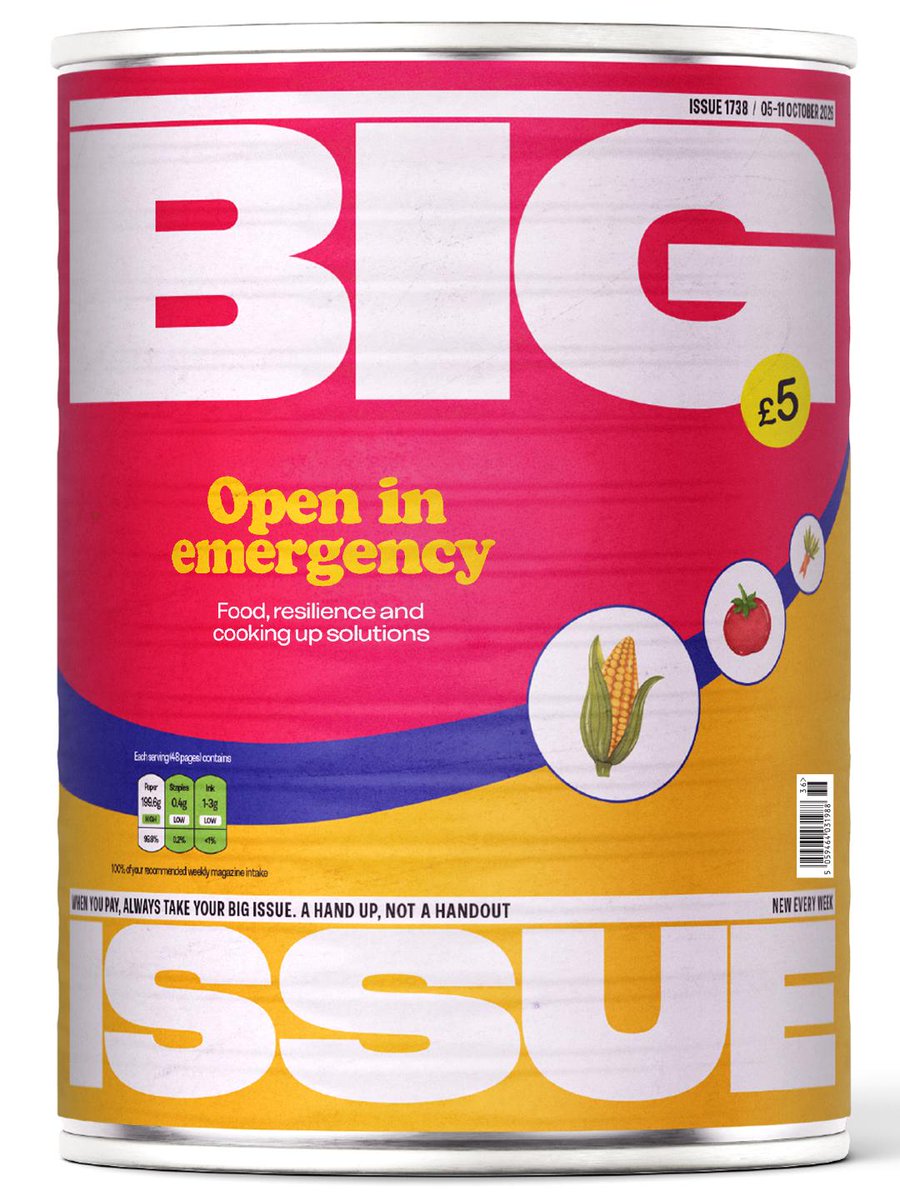 BigIssue's tweet photo. This week's Big Issue is out now! Inside:

🥫 Food for good 
🤝 The charity showing Labour the way
🎨 Louis Theroux gets his portrait done

Buy a copy from your local vendor today! And read a sneak peak here. 👀 

https://t.co/WJfqzQgUbi https://t.co/HFtdgykAwu