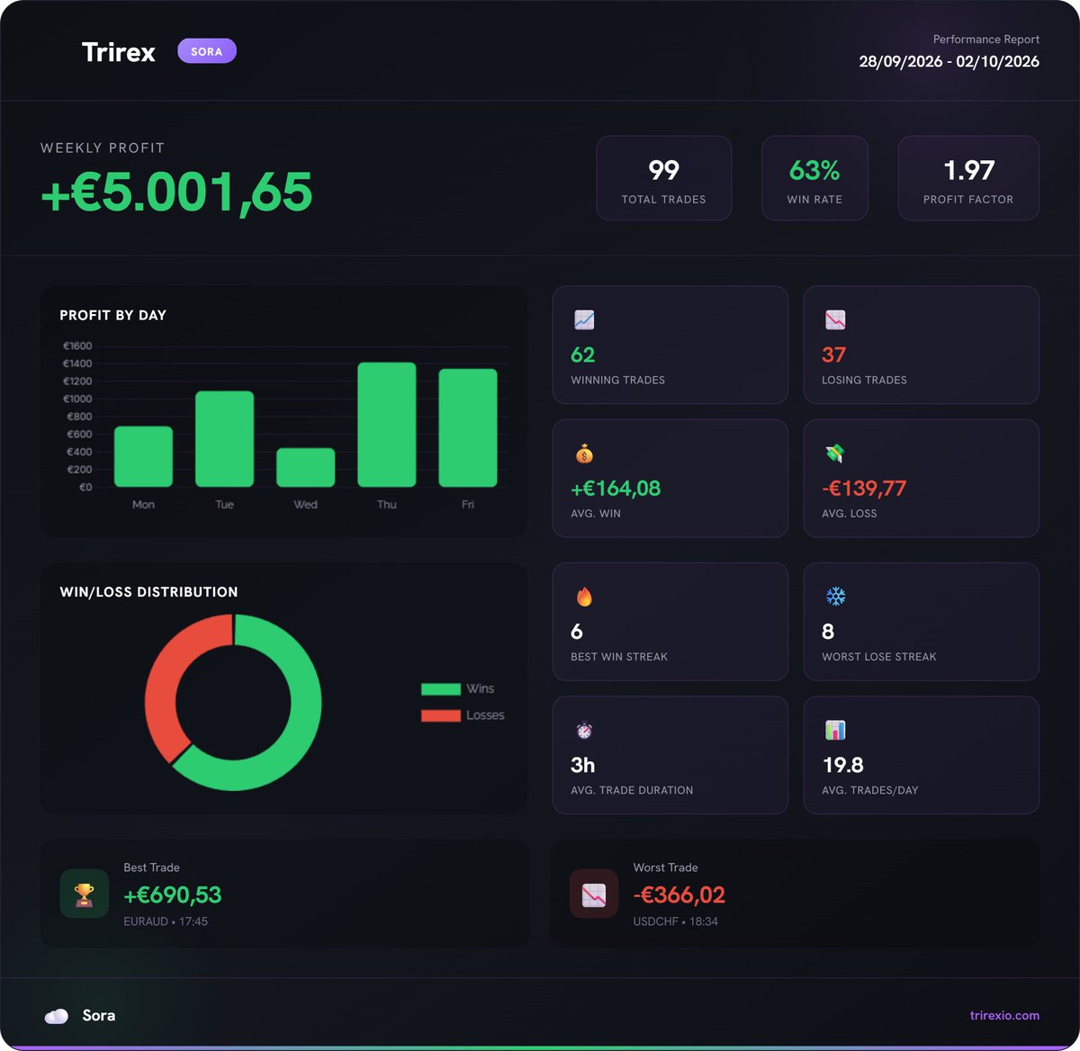 TrirexIO's tweet photo. Results for Trirex Sora, our Fully Automated MT5 Forex Trading EA.

Read more:
https://t.co/VzuQ9OvGXN

Profit made:
€5.001

#xauusd #trading #forex #daytrading #scalping https://t.co/4aZO3wJ3TB