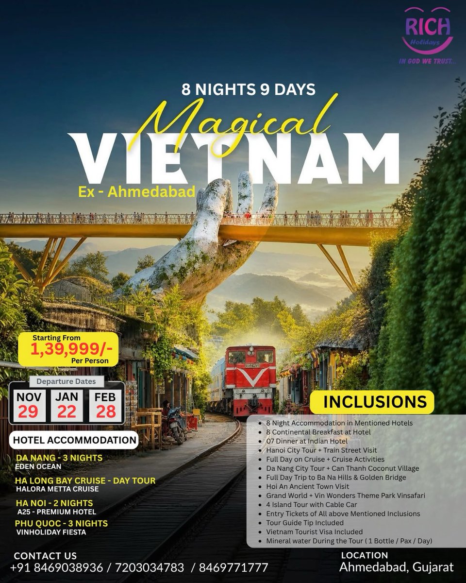 andresvero's tweet photo. Magical Vietnam: 8 Nights / 9 Days from Ahmedabad

Explore Da Nang, Ha Long Bay, Hanoi and Phu Quoc Island. Starting at ₹1, 39, 999 per person with flights, premium stays, meals, cruise, visa, tours and entry tickets included. Departures: 29 https://t.co/CWVsaMWfgM