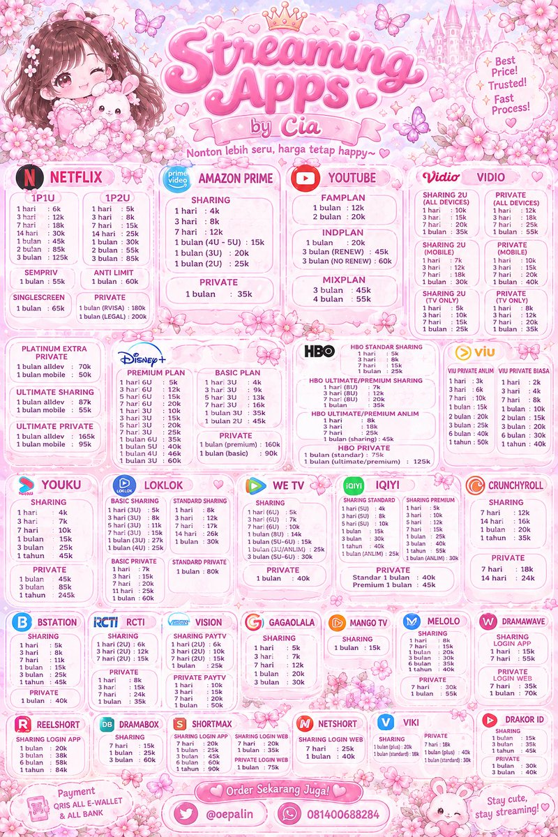 oepalin's tweet photo. 🎀₊˚⊹♡ APP PREMIUM CUTE &amp; MURAH! ♡⊹˚₊🎀

୨୧ 💗 Mau App Premium? Gaskeun!
୨୧ 🌸 Harga cute, proses cepat  ✨
୨୧ 🎀 Premium Access, More Fun! 🎬🎧💕

💌 ORDER VIA WHATSAPP
♡ https://t.co/qHyDOVBGze 

💭 TESTIMONI CUSTOMER
♡ https://t.co/3ZfeTMWyHy

#zonauang https://t.co/dfmx8I6IZe
