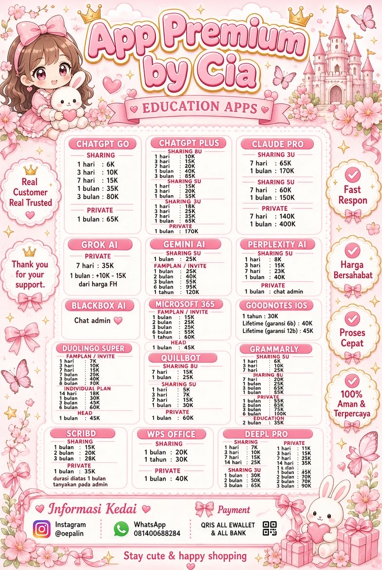 oepalin's tweet photo. 🎀₊˚⊹♡ APP PREMIUM CUTE &amp; MURAH! ♡⊹˚₊🎀

୨୧ 💗 Mau App Premium? Gaskeun!
୨୧ 🌸 Harga cute, proses cepat  ✨
୨୧ 🎀 Premium Access, More Fun! 🎬🎧💕

💌 ORDER VIA WHATSAPP
♡ https://t.co/qHyDOVBGze 

💭 TESTIMONI CUSTOMER
♡ https://t.co/3ZfeTMWyHy

#zonauang https://t.co/dfmx8I6IZe