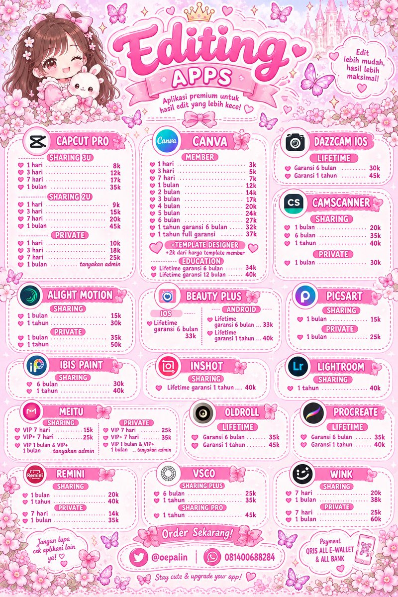 oepalin's tweet photo. 🎀₊˚⊹♡ APP PREMIUM CUTE &amp; MURAH! ♡⊹˚₊🎀

୨୧ 💗 Mau App Premium? Gaskeun!
୨୧ 🌸 Harga cute, proses cepat  ✨
୨୧ 🎀 Premium Access, More Fun! 🎬🎧💕

💌 ORDER VIA WHATSAPP
♡ https://t.co/qHyDOVBGze 

💭 TESTIMONI CUSTOMER
♡ https://t.co/3ZfeTMWyHy

#zonauang https://t.co/dfmx8I6IZe