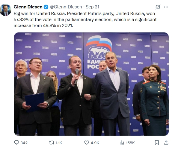 Glenn_Diesen's tweet photo. The Norwegian media is uniquely ridiculous in its smear campaigns. When I tell people abroad about the brazen and lazy propaganda, they often assume I am exaggerating. 
This week there have been two more smear pieces published about me. The first story in the media is about my tweet on the results of Russia’s parliamentary election, in which I wrote: “Big win for United Russia. President Putin's party, United Russia, won 57.83% of the vote in the parliamentary election, which is a significant increase from 49.8% in 2021”. In short, I merely stated the election results, which are important as United Russia now has a majority in parliament. The newspaper reported that I was “cheering” Putin’s victory and “congratulating” Russia. Another newspaper wrote that I was spreading Russian propaganda because I made the election seem legitimate.

Another absurd story was published today with the headline: “Several cases against Norwegian Russia researcher”. The article is about accusations submitted to my university regarding an alleged breach of ethical research practices, which is intended to give the reader the impression that my research and publications have violated research ethics standards. What the newspaper does not mention is that anyone can send a letter with accusations to the university, and there is no shortage of radical activists seeking to silence academics. However, these accusations mean nothing when there is no substance to the accusations, and for that reason these accusations did not lead anywhere. However, such accusations are catnip for journalists who engage in smear campaigns and do not mind misleading their readers.

The newspaper cites a smear piece in the complaint to prove that I may have breached ethics standards: I had cited US Ambassador William Burns (who later became the CIA Director) as he had written in 2008 that if NATO attempted to pull Ukraine into the NATO orbit – Russia would possibly intervene military even though this is not something Russia would want to do. In the smear piece against me, it is claimed that Burns did not imply anything of the sort and he did not even use the word “intervene” (https://t.co/wou97L7vYj). 
However, anyone can go into the cable to read that Burns wrote: “In Ukraine, these include fears that the issue could potentially split the country in two, leading to violence or even, some claim, civil war, which would force Russia to decide whether to intervene… Experts tell us that Russia is particularly worried that the strong divisions in Ukraine over NATO membership, with much of the ethnic-Russian community against membership, could lead to a major split, involving violence or at worst, civil war. In that eventuality, Russia would have to decide whether to intervene; a decision Russia does not want to have to face” (https://t.co/XwqX2tyJF6).
The propagandists are citing their own smear pieces as evidence. However, it does not matter that all these accusations are built on lies, because from now on journalists can refer to me as the academic who has been ‘accused’ of spreading propaganda and violating ethical research standards. The process is the punishment, so it does not matter that the accusations have no substance.

The most absurd smear piece came last year, when one of the largest newspapers wrote that I had been exposed for participating in an “influence operation.” In reality, I had attended a conference devoted to the 200th birthday of Immanuel Kant in his place of birth, Kaliningrad. My speech, published on my Substack (https://t.co/kLP0Gwu98f), was about the crisis of modernity and questioning the durability of secular morality, yet the journalist insisted that the conference was actually about confronting NATO in the Baltic Sea. The evidence published to prove this was a secret influence operation was a list of foreign guests with the headline “List of possible participants of the event for the Baltic region.” However, it was written in Russian, so it probably looked very incriminating. The timing of the article was interesting as it was more than a year after the conference, although I had just run for parliament, and I had been caught in a large media campaign to discredit me.

For context, it is important to note that in Norway, every single member of parliament is in favour of sending weapons to Ukraine, and none are calling for diplomacy with Russia. All the newspapers repeat government talking points and smear any dissent. At least in countries like Germany and France, there is opposition. The complete lack of dissent is believed to reflect their “moral clarity,” as opposed to authoritarian means of keeping the war going.

Arguments are never discussed, instead the norm is personal attacks and simplistic rhetoric denouncing critics of NATO’s policies as “pro-Russia” and “anti-Ukrainian”. The vast majority of Ukrainians want a negotiated settlement, yet the media label me “anti-Ukrainian” for suggesting that our government should open diplomatic channels with Russia to resolve the dispute over the European security architecture. Meanwhile, these self-proclaimed “pro-Ukrainians” consistently ignore the will of most Ukrainians, and when they see the manpower shortage, their response is to push for deporting Ukrainian refugees, lowering the conscription age of Ukrainian men, or calling for the forced conscription of Ukrainian women as well. The war propaganda and smear campaigns in this country are characterized by laziness, aggressiveness, and arrogance.