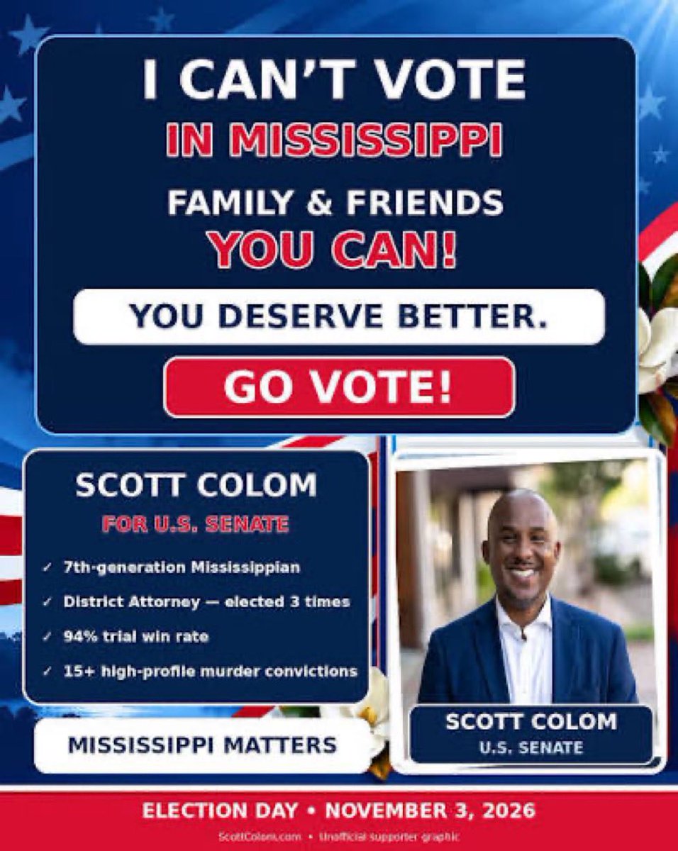 LovelyMsNet's tweet photo. @MSGOP #MississippiMatters so #VoteColom to stop more suffering by bigot MAGA Cindy Hyde-Smith!
@scott_colom will fight to save Social Security, healthcare, lower cost of living, stop Trump’s Iran war, etc! @msdemocrats @scott_colom @WJTV @MSTODAYnews @dscc https://t.co/bkAw6IKzuG