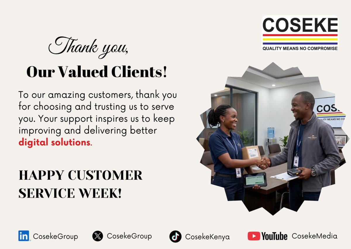 CosekeGroup's tweet photo. "Quality Means No Compromise." But above all, quality means putting our clients first. 

This Customer Service Week, we want to extend our heartfelt gratitude to all our valued customers across the region. https://t.co/eWyL8DAJUC