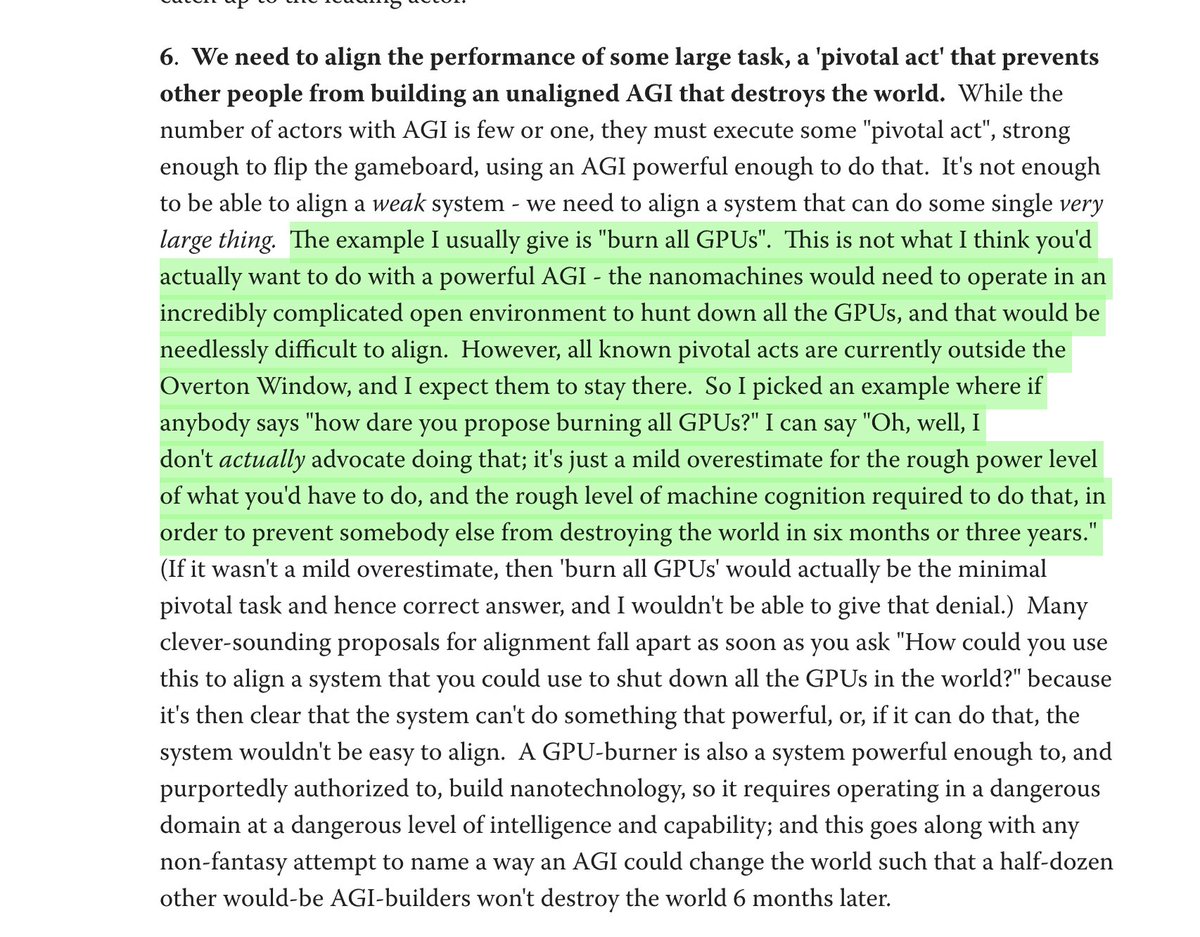 lumpenspace's tweet photo. can someone explain how you can read this and not take away the fact that Eliezer Yudkowsky is advocating for an "aligned" AI company to commit a large act of terrorism? https://t.co/wzHnePpMKG