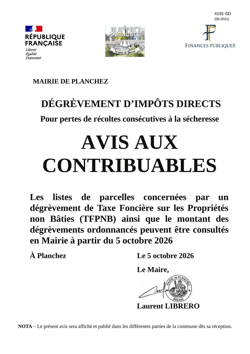 com_planchez's tweet photo. Avis aux contribuables : consultez en mairie la liste des parcelles concernées par le dégrèvement de taxe foncière suite à la sécheresse, à partir du 5 octobre 2026. https://t.co/MKNsU2LFrF