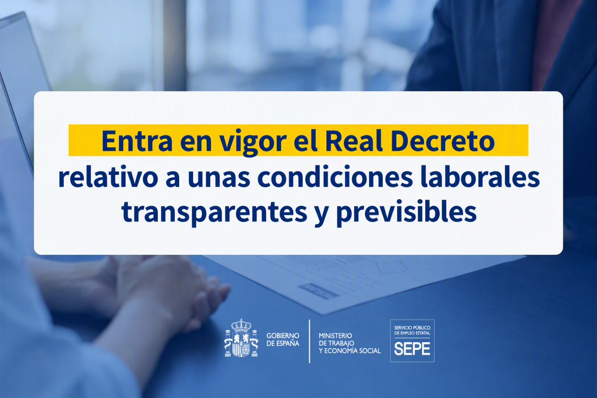 empleo_SEPE's tweet photo. 🆕Entran en vigor los nuevos modelos de contrato con condiciones transparentes y previsibles.

➡️El Real Decreto 723/2026 viene a reforzar el derecho de las personas trabajadoras a conocer de forma clara los aspectos esenciales de su relación laboral.

🔗https://t.co/BjzSVsEiNy https://t.co/RTVmPzW4YW