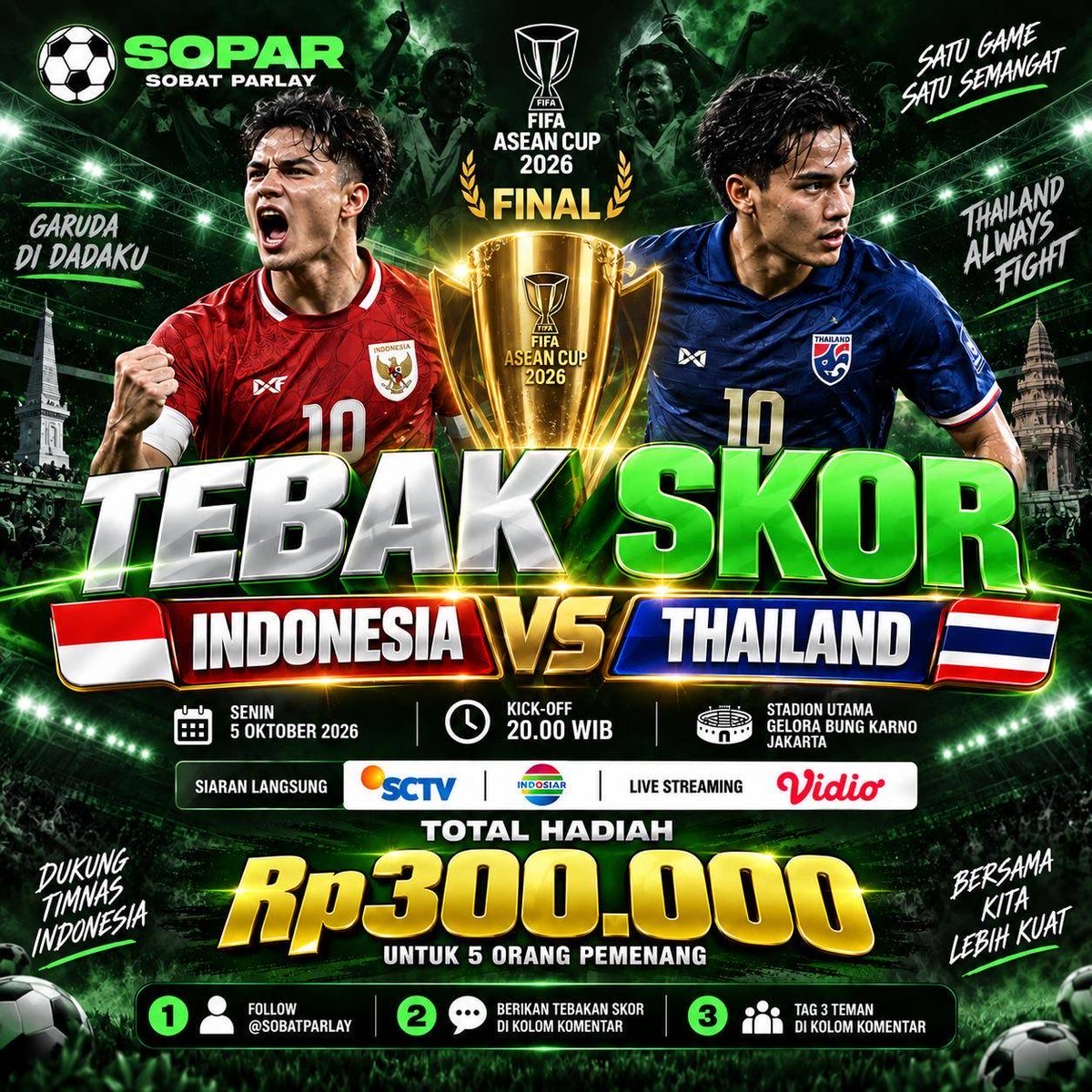 jarangkalah_'s tweet photo. INDONESIA VS THAILAND

Syarat :
* Tebak skor wajib dengan hashtag
Contoh:  INDONESIA 2 - 0 THAILAND
#jarangkalah
* Wajib follow akun @jarangkalah_ , Like dan RT postingan ini
* 1 Akun 1 tebakan
*Hadiah E-wallet

#INDONESIA #THAILAND #TimnasDay #Matchday https://t.co/mwJQ9sAiEY