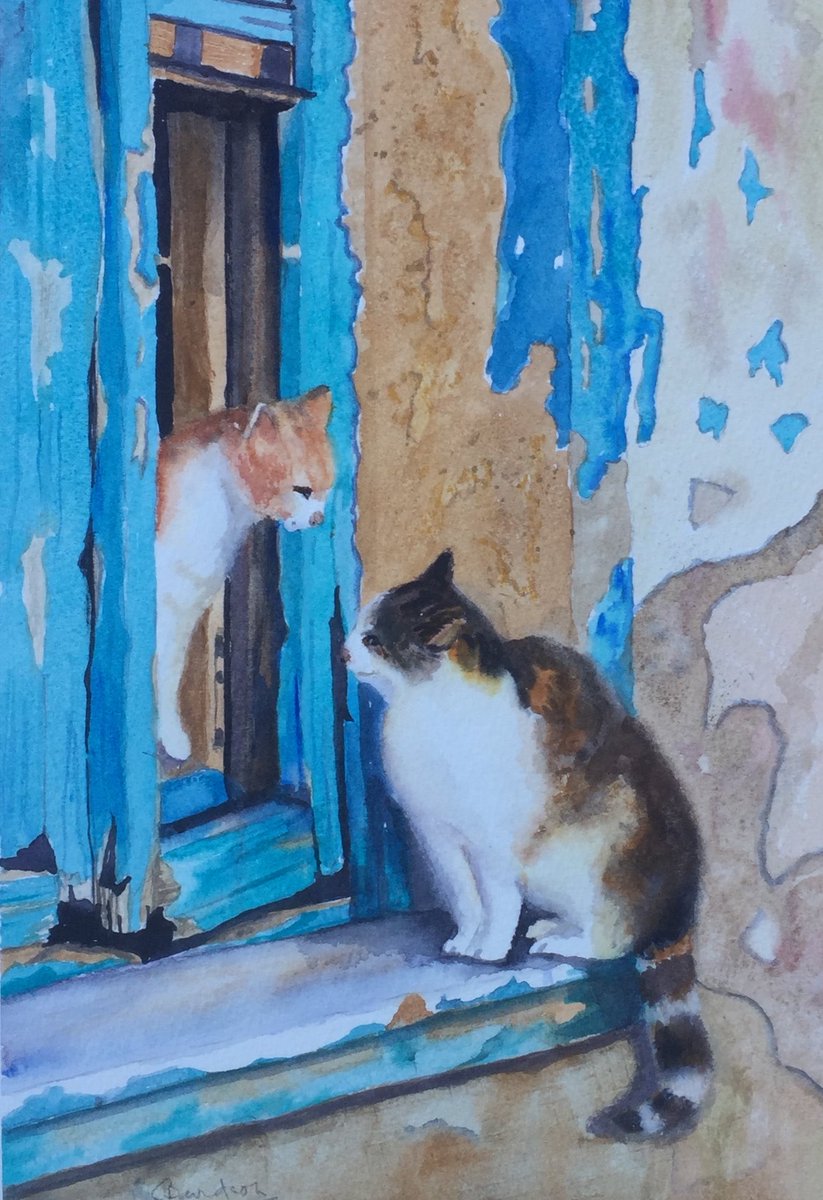 purpleartist44's tweet photo. @DailyPicTheme2 just two cats having a #chat! “And then She Said…” watercolour happily sold https://t.co/aLdupjGWa2