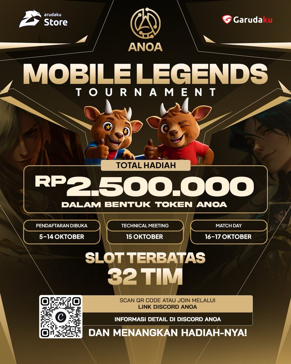 ANOAtoken's tweet photo. TURNAMEN MOBILE LEGENDS ANOA X GStore

GStore berkolaborasi dengan Anoa menghadirkan turnamen Mobile Legends dengan total hadiah Rp2.500.000 dalam bentuk token Anoa. Siapkan tim terbaikmu dan tunjukkan kemampuanmu di Land of Dawn!

DETAIL EVENT
- Pendaftaran: 5–14 Oktober
- Technical Meeting: 15 Oktober jam 19.00 WIB
- Pertandingan: 16–17 Oktober 19.00 WIB
- Kuota: 32 tim

HADIAH
Pemenang 1: Token Anoa senilai Rp1.250.000
Pemenang 2: Token Anoa senilai Rp750.000
Pemenang 3: Token Anoa senilai Rp500.000

CARA IKUTAN
1. Daftar melalui website Garudaku di sini https://t.co/xjRucYVnxJ
2. ⁠Gabung ke Discord Anoa (https://t.co/opX7gHZZC6)
3. Follow IG ANOA (https://t.co/1GeyFcNCPs)
4. Join Telegram ANOA (https://t.co/aS8cwF0Btw)
5. Tutorial Buat Wallet Metamask (Untuk Menerima Token Anoa),(https://t.co/POP9Bsj1QB)
6. Daftar ulang di channel #daftar-mlbb-anoa-gstore dengan mengirimkan:
Nama Tim
Nickname dan ID Game setiap anggota tim
Mention seluruh anggota tim
ScreenShot Wallet
7. Pastikan seluruh anggota tim dapat dimention di Discord

PERATURAN
* Pastikan nama tim dan nickname sesuai dengan data yang didaftarkan.
* ⁠Keterlambatan maksimal 10 menit.
* Setelah pertandingan selesai, tim yang menang wajib mengambil screenshot hasil pertandingan dan mengirimkannya ke channel yang telah ditentukan.
* Wajib membaca Rules Tournament. Pelanggaran terhadap peraturan dapat menyebabkan tim didiskualifikasi.
* Screenshot hasil pertandingan menjadi bukti resmi pertandingan.
* Seluruh komunikasi selama turnamen dilakukan melalui Discord Anoa.

Siapkan squad terbaikmu dan buktikan siapa yang paling jago!

#MobileLegends #Tournament #ANOA #ANOAtoken #Garudaku