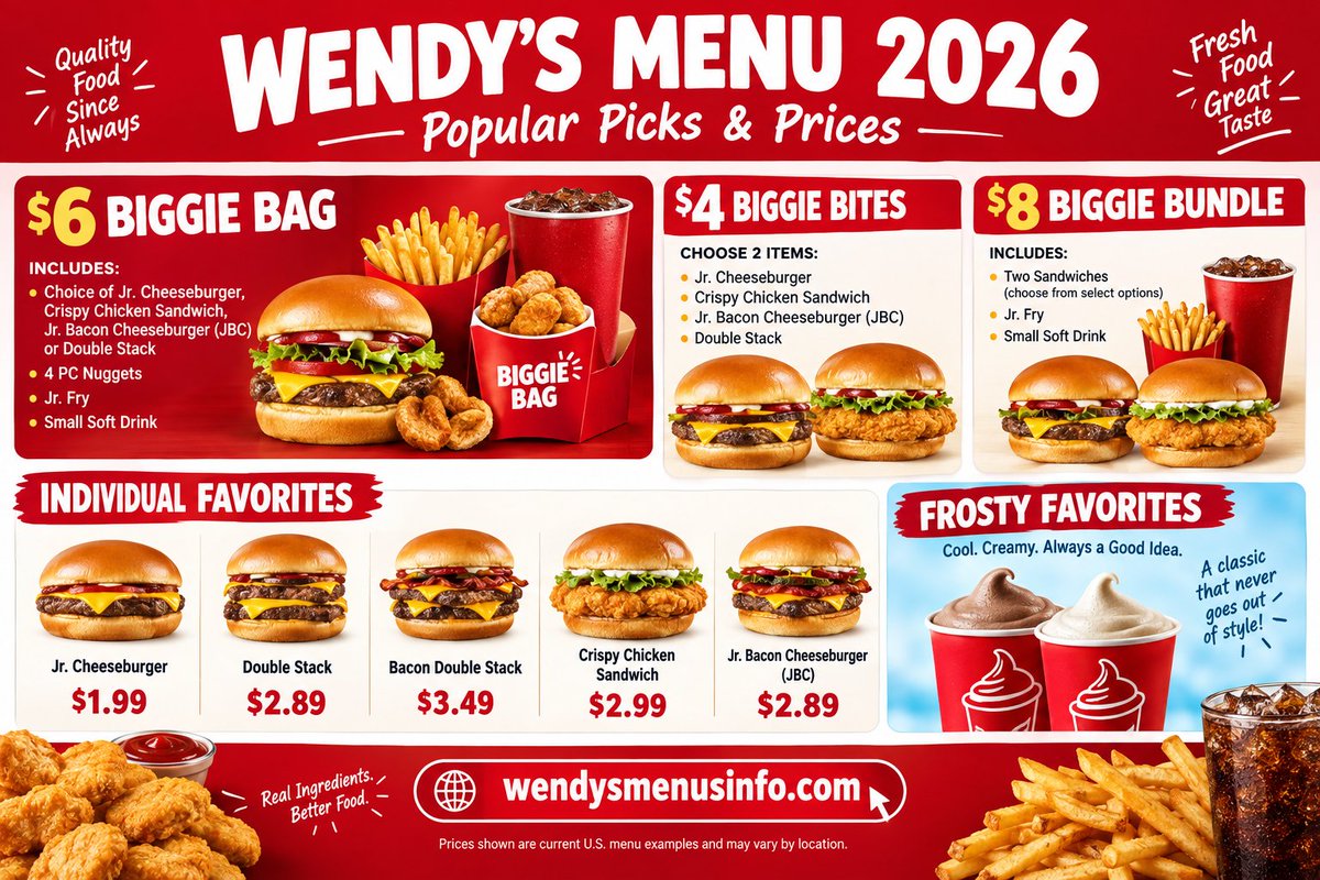 MenuWendys21's tweet photo. Looking for the Wendy’s Menu 2026 with prices? Explore popular Wendy’s menu items, Biggie Bag deals, burgers, chicken sandwiches, fries, nuggets, Frosty desserts, and more. Check out the latest Wendy’s menu prices and trending food choices at https://t.co/kqvsMITg46. https://t.co/d1jNTw75G7