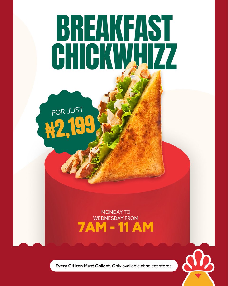ChickenRepublic's tweet photo. Everybody is looking at Breakfast Chickwhizz.😋

Get breakfast Chickwhizz for ₦2,199, on Monday, Tuesday and Wednesday, only available from 7am to 11am.

Walk in any of the selected stores to order now😉
 #ChickenRepublic  #NiceNice  #EveryCitizenMustCollect https://t.co/NV6BeR3jyY