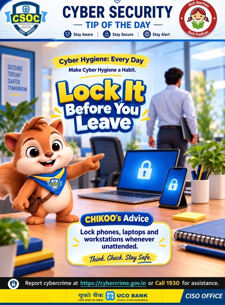 UCOBankOfficial's tweet photo. UCO Bank is observing October 2026 as NCSAM-2026 with the theme "Cyber Smart India: Secure Today, Resilient Tomorrow

#UCOBank #NCSAM2026 #CyberHygieneEveryDay #SecureDigitalIndia #StaySafeOnline #CyberSecurity #DFS #CyberSwachhtaKendra #CyberSmartIndia #UCOgoesDigital https://t.co/rBMEhD4j9C