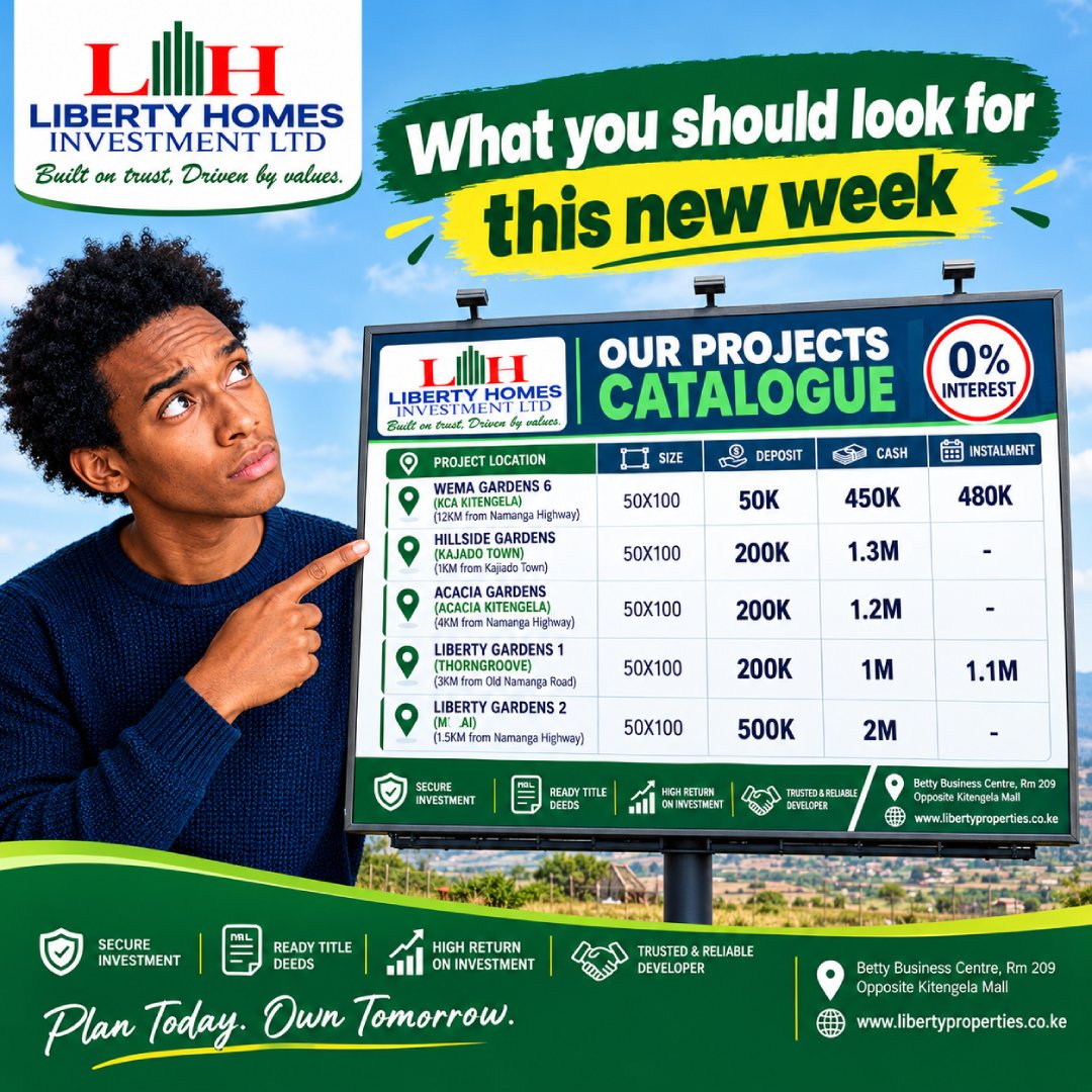 LibertyHIL25's tweet photo. π± WHAT YOU SHOULD LOOK FOR THIS NEW WEEK? π±
A new week is a new opportunity to make a smart move toward owning land. π‘β¨
#LibertyHomes #LandForSaleKenya #PlotForSale #RealEstateKenya #LandInvestment #Kitengela #Kajiado #NewWeekNewGoals #OwnLand #InvestWisely https://t.co/2Av9HWvIHs