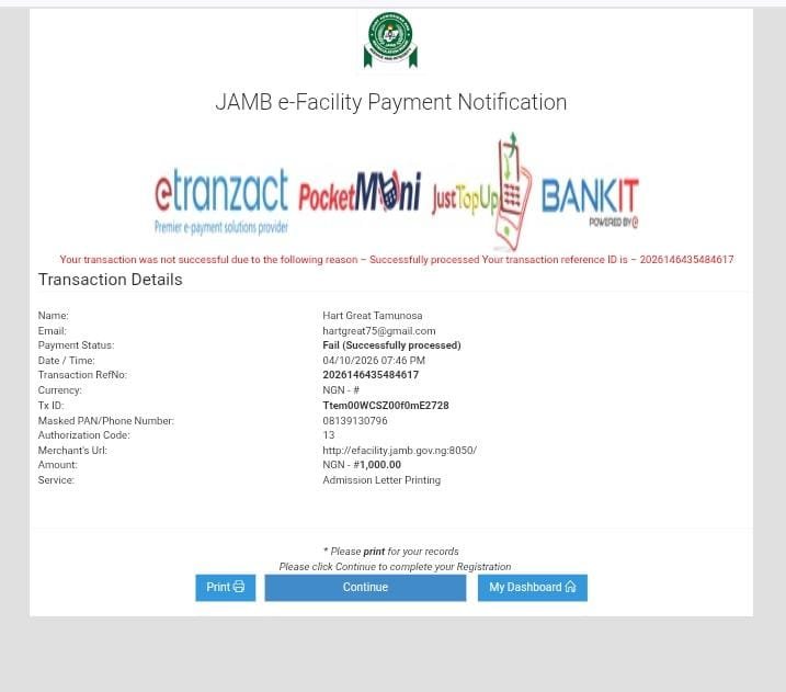 boma_ibim's tweet photo. @jamb_hq Please,  I was printing admission letter and was debited but can't print because I am being asked to still make payment https://t.co/hDJuZ010GX