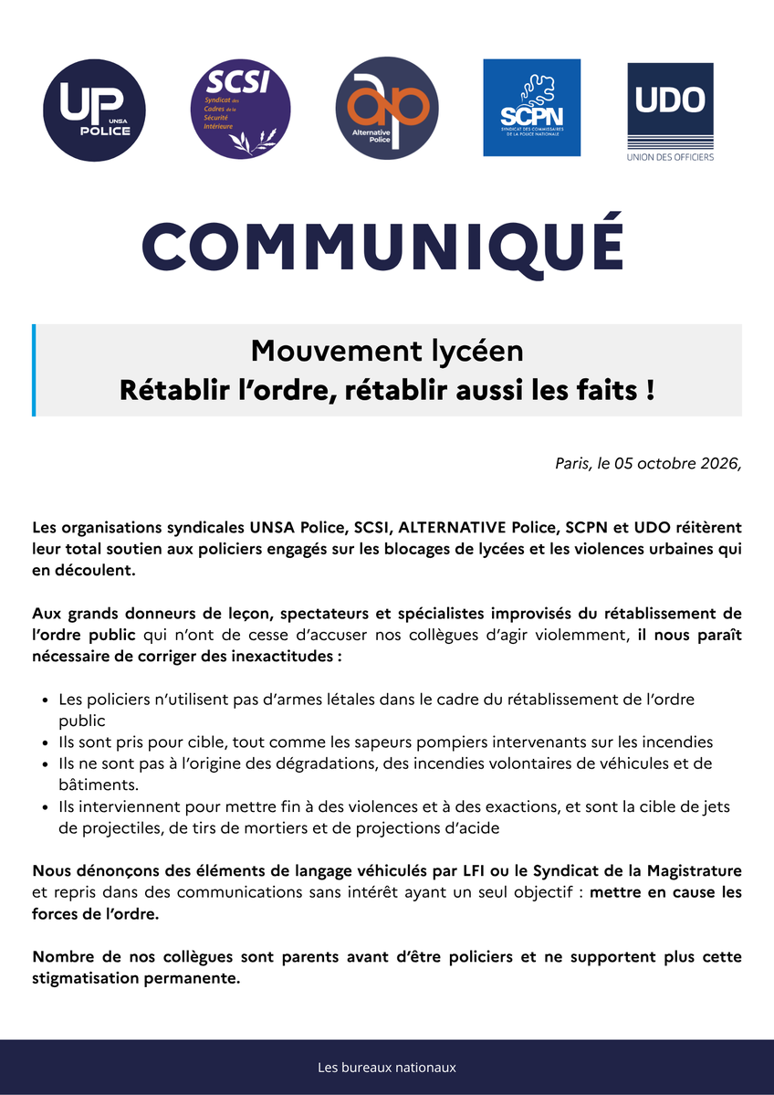 UNSAPOLICE's tweet photo. [ #Communiqué ] | Mouvement lycéen : rétablir l’ordre, rétablir aussi les faits ! https://t.co/44DMHw5C8S