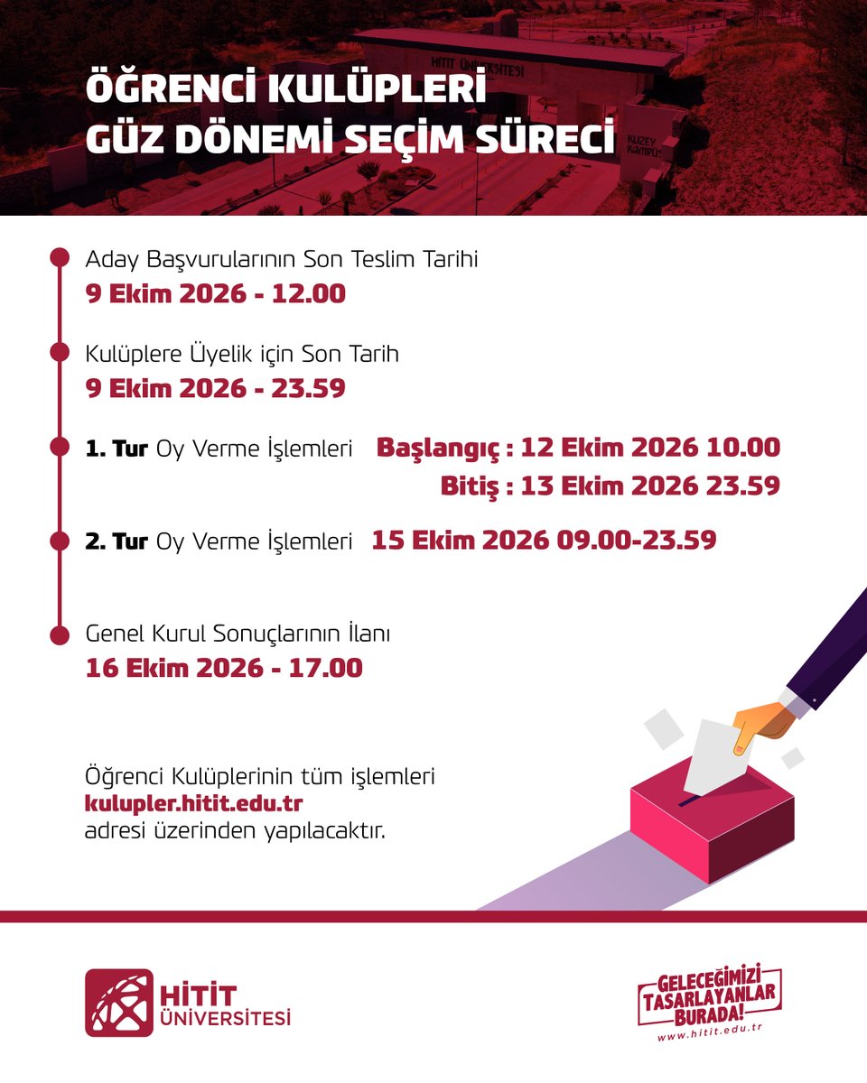 HituKurumsal's tweet photo. Öğrenci Kulüpleri Güz Dönemi Seçim Süreci📢

Öğrenci Kulüplerinin tüm işlemleri https://t.co/jyN4K1a20m üzerinden yapılacaktır.

#HititÜniversitesi @ProfAliOzturk https://t.co/FM4k9jJaJW