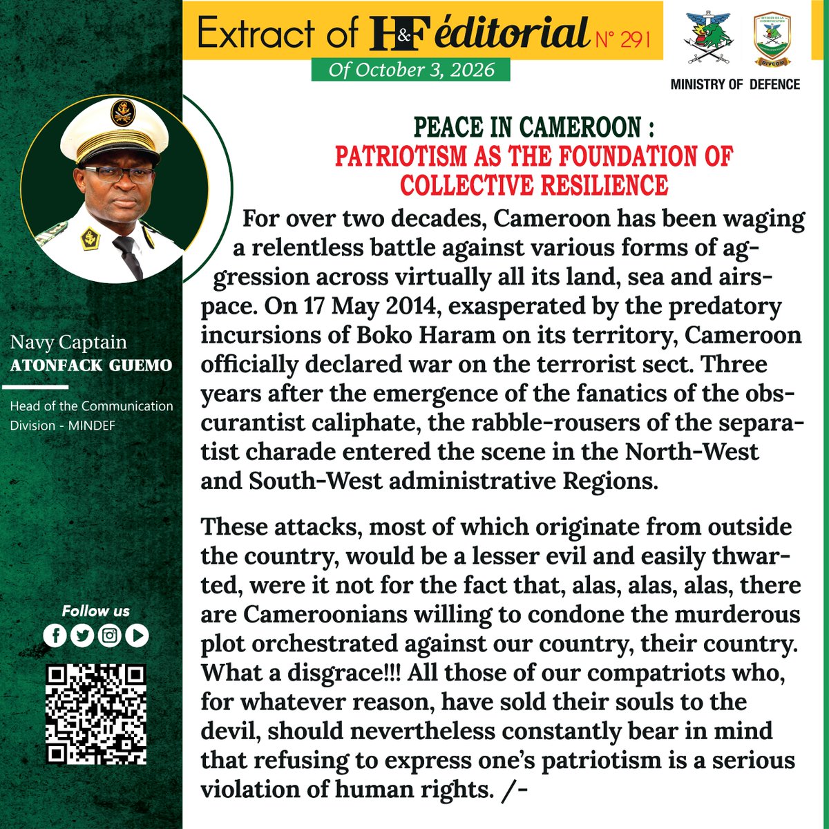 mindefcm's tweet photo. H&amp;F EDITORIAL OF SATURDAY, 3 OCTOBER 2026
𝐏𝐄𝐀𝐂𝐄 𝐈𝐍 𝐂𝐀𝐌𝐄𝐑𝐎𝐎𝐍: 𝐏𝐀𝐓𝐑𝐈𝐎𝐓𝐈𝐒𝐌 𝐀𝐒 𝐓𝐇𝐄 𝐅𝐎𝐔𝐍𝐃𝐀𝐓𝐈𝐎𝐍 𝐎𝐅 𝐂𝐎𝐋𝐋𝐄𝐂𝐓𝐈𝐕𝐄 𝐑𝐄𝐒𝐈𝐋𝐈𝐄𝐍𝐂𝐄 https://t.co/eYFYt4aHQG