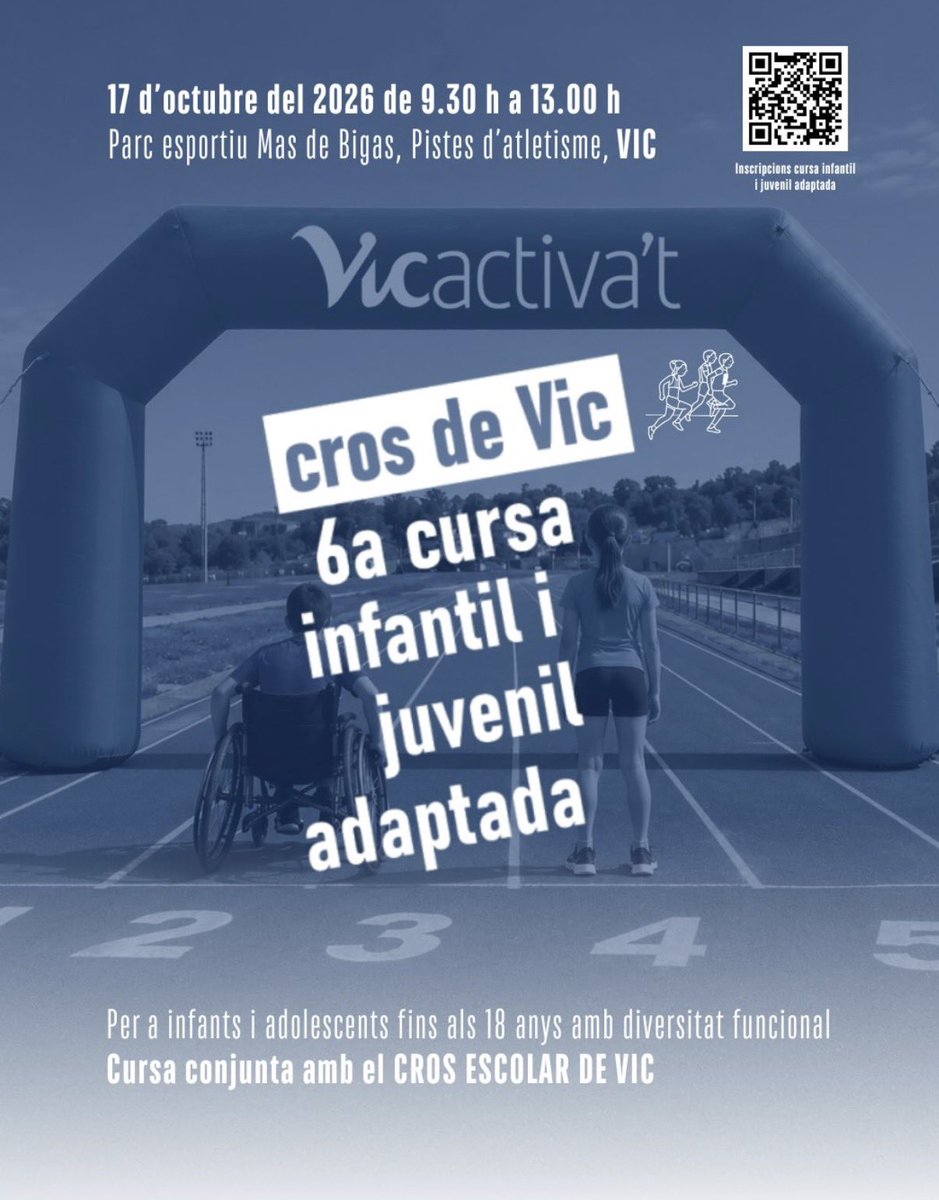 EduComerma's tweet photo. Compte enrere per el Cros Escolar de Vic i la 6a edició de la Cursa Infantil i Juvenil Adaptada 👩🏻‍🦽🏃🏾‍♂️‍➡️👨🏻‍🦼‍➡️ 

📍Us esperem el 17 d'octubre al matí al Parc Esportiu Mas de Bigas de #Vic 

Ja t'has apuntat? T'hi esperem!

👉🏽 Inscripcions a https://t.co/iVqDDsrCO5 https://t.co/Z7HBAu86DY