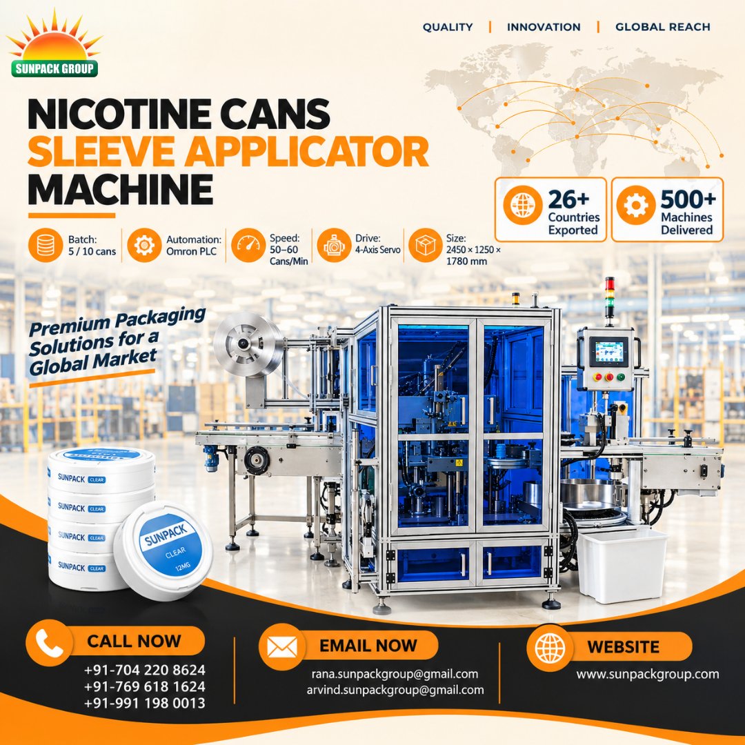sunpackgroup's tweet photo. Nicotine Cans Sleeve Applicator Machine is built for businesses that need speed, consistency, and reliable automation on the production floor.

#sunpack #nicotinepouchcans #nicotinepouch #snuscans #sleeveapplicator #sleeveapplicatormachine #nicotine #snus #packagingmachine https://t.co/seDIJlsUBk