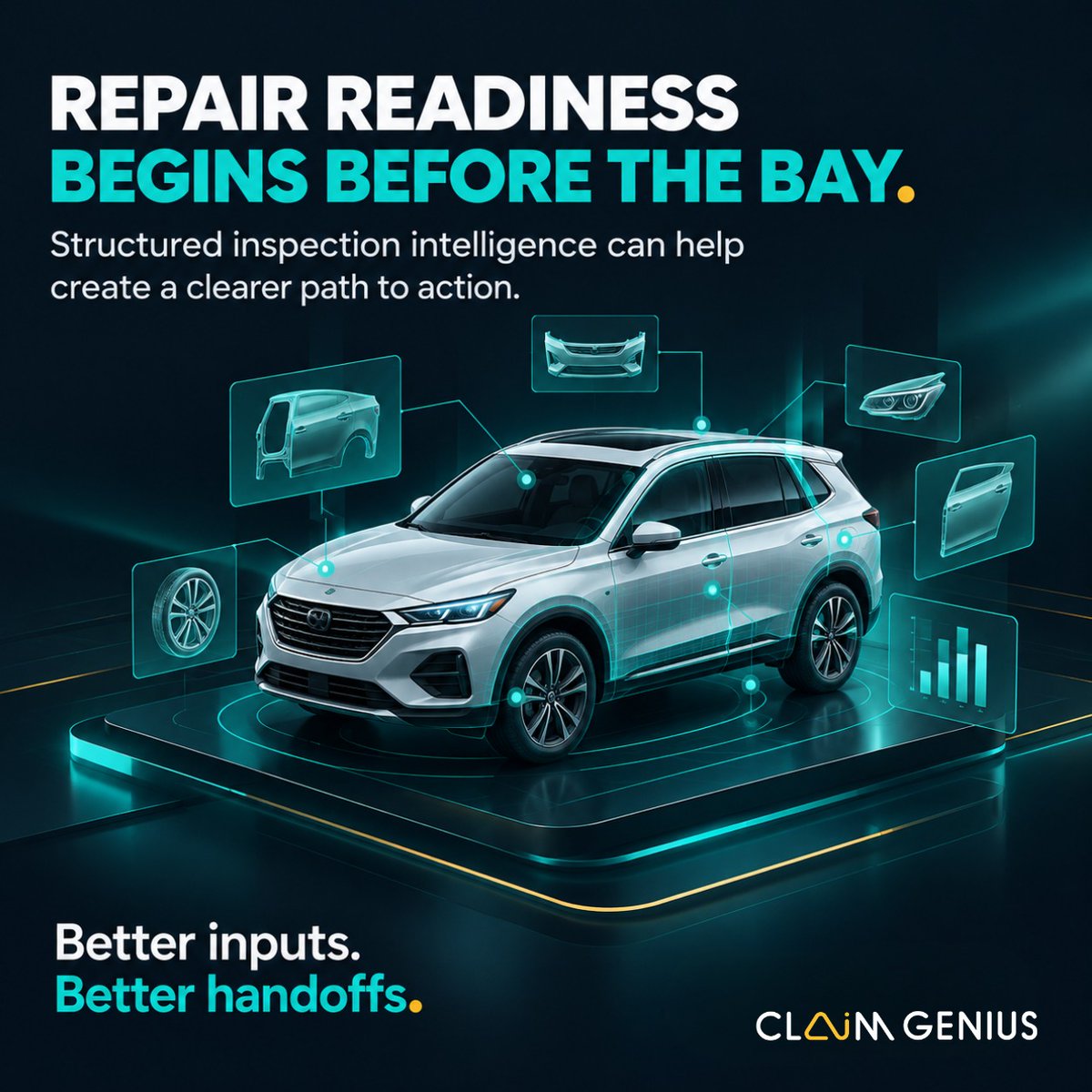 ClaimGenius's tweet photo. Repair readiness starts before the bay. Structured inspection intelligence helps teams turn vehicle images into clearer damage insights and smoother handoffs.

Better inputs. Better decisions.

#ClaimGenius #VehicleInspection #InsurTech https://t.co/AGIVrrE0rQ