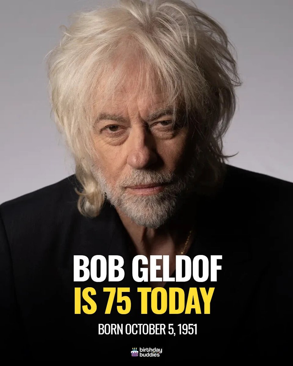 BirthdayBuds's tweet photo. 🎬🎸 75 today: Bob Geldof—the Boomtown Rats’ punk-rock frontman, Live Aid organiser and the face of Pink Floyd’s The Wall. From Rat Trap to rock’s biggest stage, what a career. #BobGeldof #MusicHistory #TheWall 👉 https://t.co/px2EsD3tJc 🎈 https://t.co/yhDhQSlMdi