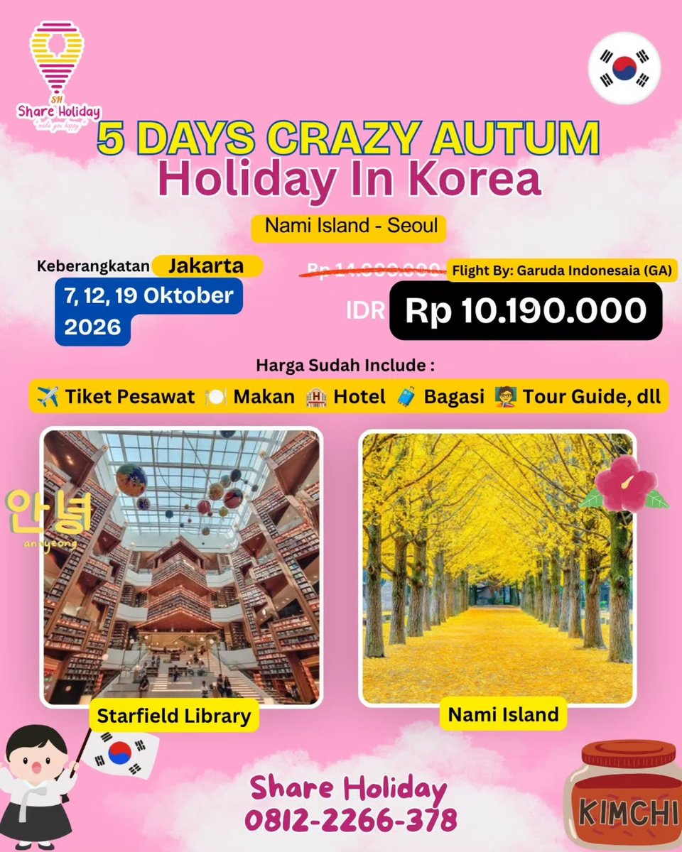 fernandareyes26's tweet photo. Akhirnya ngerasain autumn di Korea! Jalan di antara daun kuning, foto di Nami Island, dan mampir ke Starfield Library. Tinggal siapin outfit, koper, dan kamera. 5 Days Crazy Autumn Holiday
7, 12 &amp; 19 Oktober 2026
Rp10. 190. 000
Garuda Indonesia https://t.co/1pTZiaHbnd