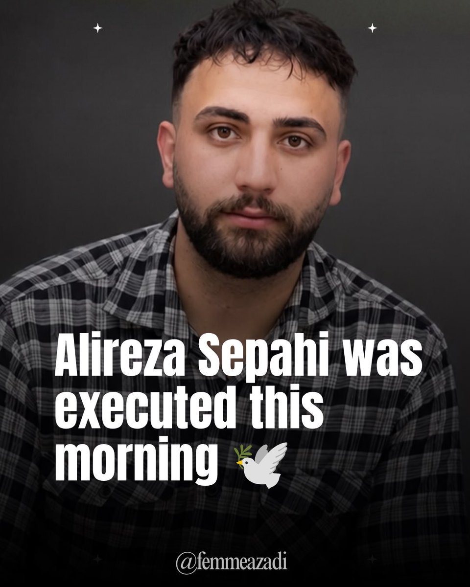 femmeazadi's tweet photo. Après avoir été torturé pendant des mois, après avoir reçu des balles alors qu’il était détenu, après avoir vu son cousin et ses amis être pendus, après avoir fait un arrêt cardiaque juste avant son exécution et avoir été transféré à l’hôpital, Alireza Sepahi a finalement été pendu ce matin par le régime terroriste de la République islamique, au moment de leur première prière maudite de l’aube.

Maudits soient votre prière, votre religion sanguinaire, vos imams, vos mollahs, votre idéologie mortifère, vos partisans et votre régime.