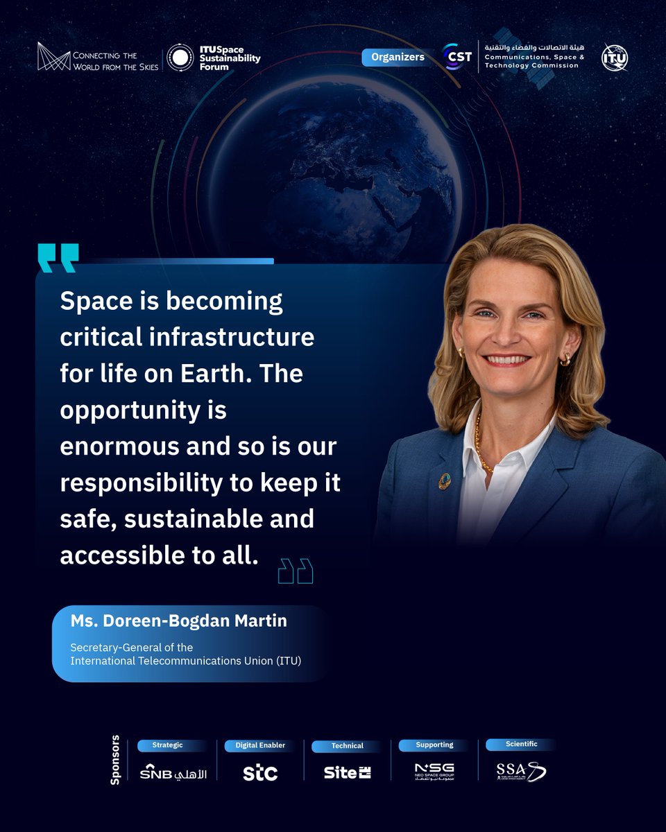 CST_KSA's tweet photo. @ITUSecGen @ITU Ms. Doreen-Bogdan Martin @ITUSecGen, Secretary-General of the International Telecommunications Union @ITU, on the Global Space Connectivity & Sustainability Events.
#SCS26
#Connected_Earth_Sustainable_Space https://t.co/7q1kLHAiKc