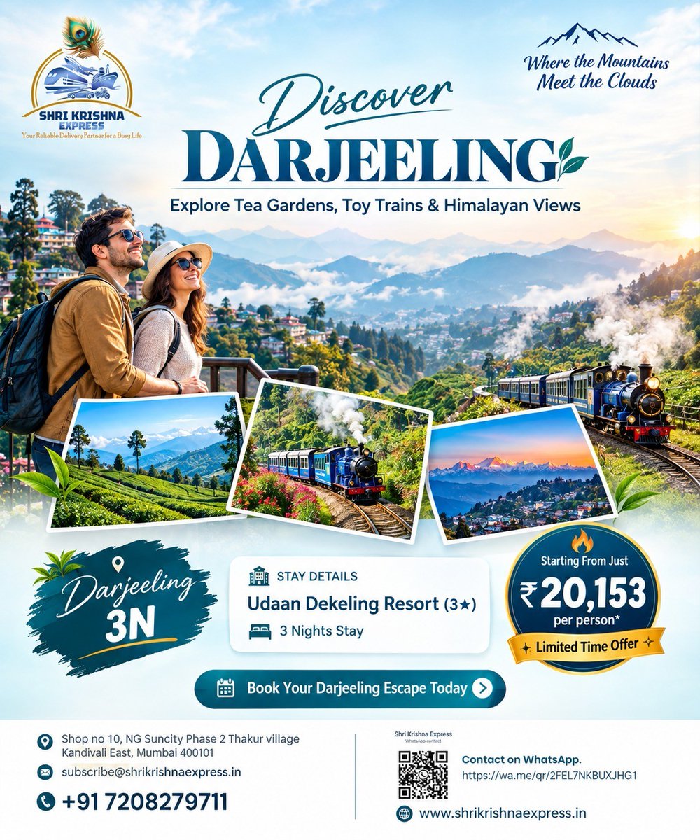 fazlrn's tweet photo. Discover Darjeeling’s tea gardens, Toy Train, and Himalayan views. Enjoy 3 nights at Udaan Dekeling Resort from ₹20, 153 per person. Limited-time offer. Slow down and experience the mountains with Shri Krishna Express. https://t.co/qzujIUJKvW