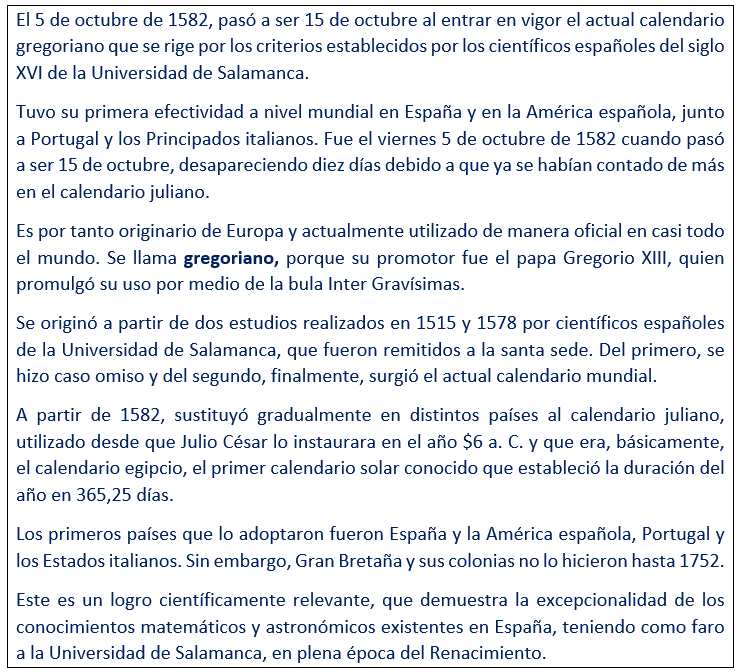 javierleoncio49's tweet photo. El 5 de oct de 1582, hoy hace 444 años, pasó a ser 15 de oct al entrar en vigor el actual calendario gregoriano que se rige por los criterios establecidos por los científicos españoles del siglo XVI de la Univ. de Salamanca
@aytoSalamanca,@SArtvALDIA,@LaGacetaSA,@culturacyl,@usal https://t.co/pMQLNeMRT5