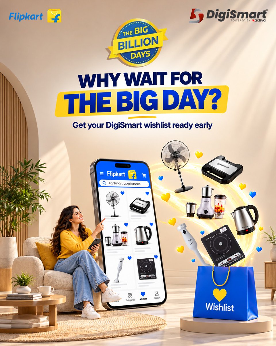 DigiSmartElect's tweet photo. Why wait for the big day when you can get your DigiSmart wishlist ready early? From everyday kitchen essentials to smart home appliances, add your favourites to your Flipkart wishlist and get ready to shop smart!
#DigiSmart #BigBillionDays #Flipkart #FlipkartSale https://t.co/m1WnHPMJXk