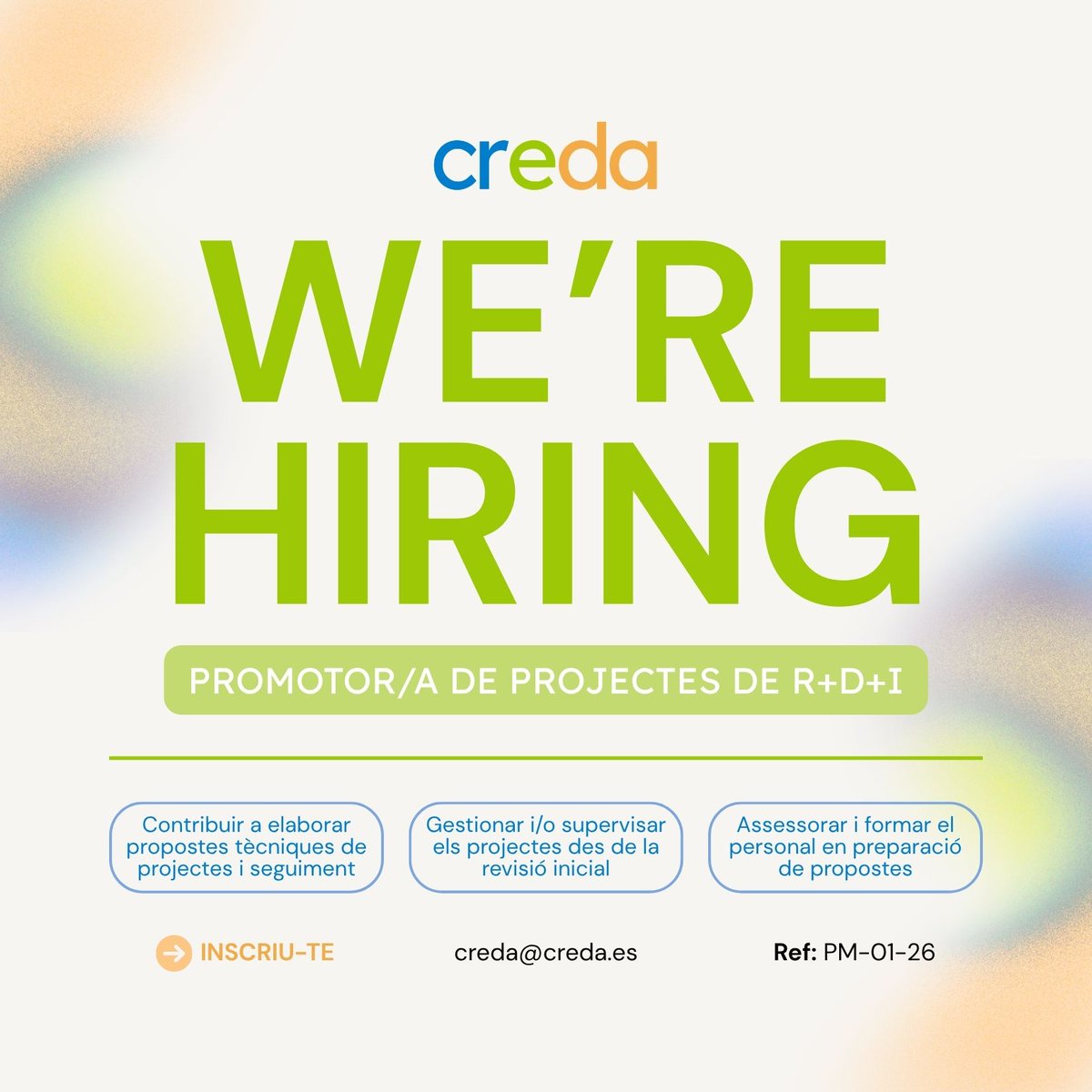 CREDA_UPC_IRTA's tweet photo. 🌱T’interessa el sector de l’#economiaagroalimentària i els recursos naturals?
💼Obrim una plaça per incorporar un #Promotor/a de projectes d’R+D+I (Pre-Award)
Referència: PM-01-26
🗓️Inscripcions obertes fins al 08/12
➕info a: https://t.co/OnJv79my67 https://t.co/jI8K8yqvXH