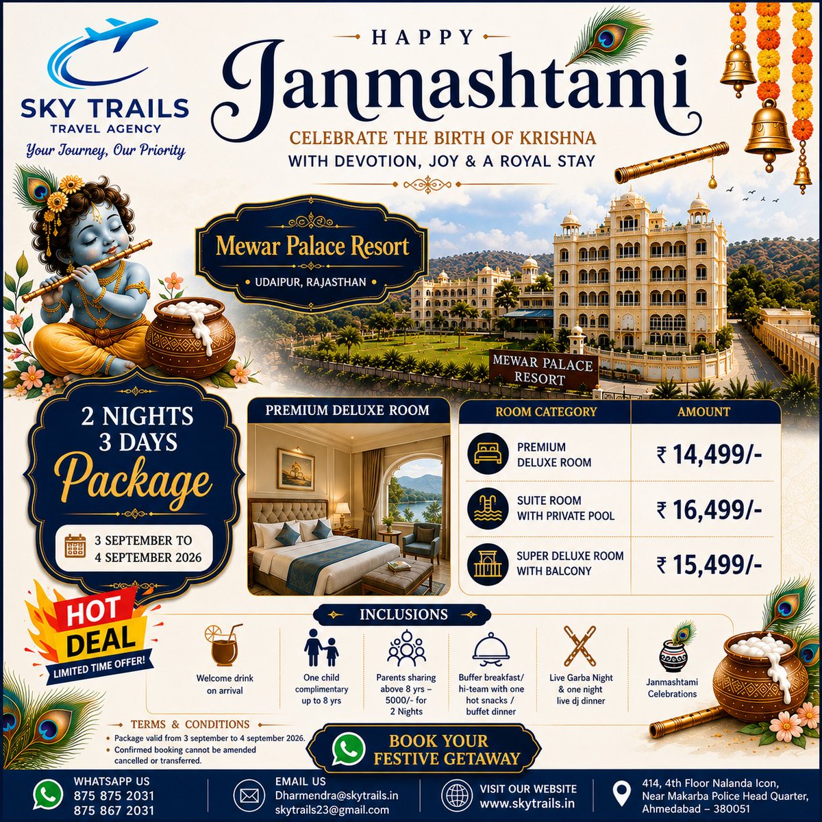 KbraTrkmen11's tweet photo. Celebrate Janmashtami in royal style at Mewar Palace Resort, Udaipur. 2N/3D package with Garba Night, dinner, breakfast and more. 3rd–4th September 2026. Premium rooms from ₹14, 499. Limited-time offer. https://t.co/Og7p1oArsy