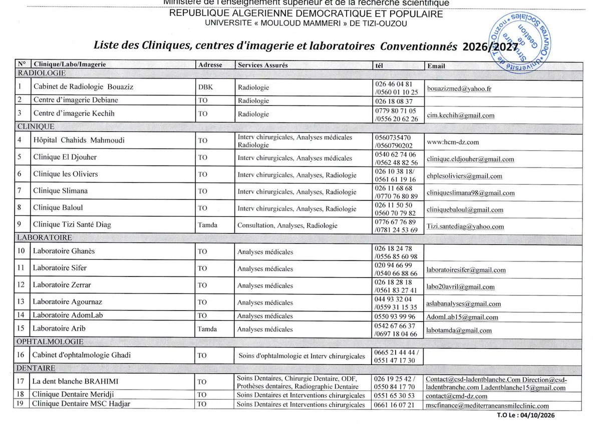 univ_tizi's tweet photo. Mise à jour de la liste des cliniques, centres d’imagerie et laboratoires conventionnés 2026/2027
#UMMTO #UniversitéMouloudMammeri #TiziOuzou #UniversitéAlgérienne #Algérie #HigherEducation #ScientificResearch #Innovation #Students #MESRS #CSRICTED https://t.co/2im6Uxh7PR
