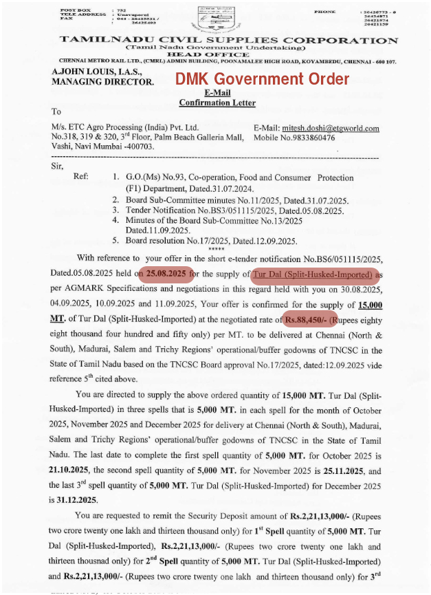 manojprabhu2006's tweet photo. Spreading false narratives and defamatory claims regarding the DMK administration and government procurement procedures is completely unacceptable.

According to data from India’s Department of Consumer Affairs (DCA), the average retail price of genuine Tur Dal was ₹122.80/kg in May (during the DMK tender period), and it increased to ₹124.82/kg in September (during the TVK tender period). When the market price of Tur Dal was higher, the procurement at ₹77.89/kg indicates that the product supplied was likely the cheaper imported Yellow Lentil or a mixed lentil product.

As per the usual TNCSC tender conditions, contractors are permitted to supply cheaper imported Canadian Yellow Lentils (with a wholesale market price of ₹60–₹80/kg) instead of 100% indigenous Tur Dal (Fatka Tur Dal). Changing the variety of the product to reduce the contract value cannot be considered administrative savings; it amounts to a change in the nature of the product itself.

Comparing procurement prices without understanding the actual market trading conditions and government procurement rules can lead to misleading narratives. Claiming a “saving” of ₹31 per kg reflects a lack of understanding of basic trade.