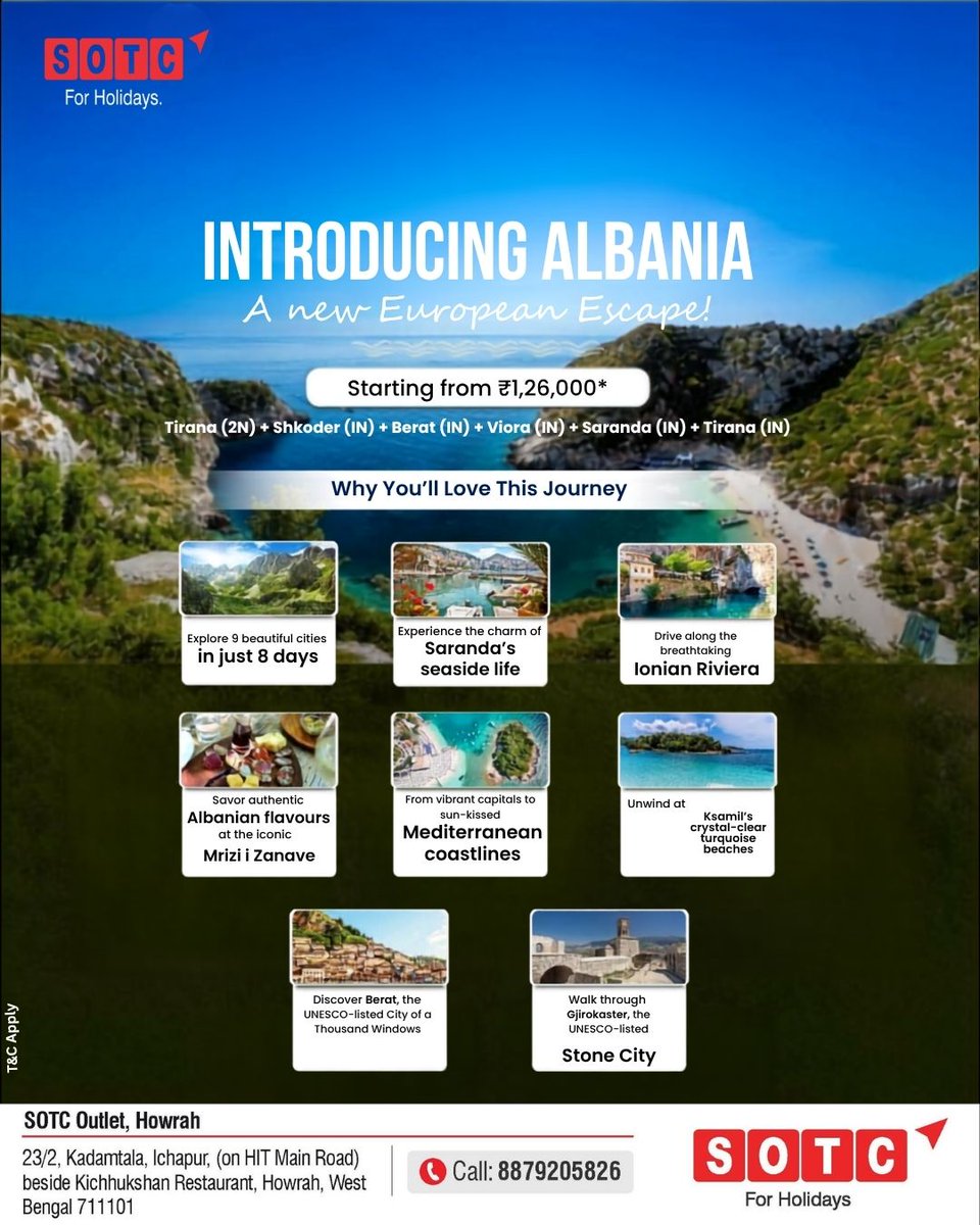 BrayanTicora's tweet photo. Discover Albania, Europe’s hidden gem. Explore 9 beautiful cities, Mediterranean coastlines, rich flavours, and UNESCO wonders in 8 days. Starting from ₹1, 26, 000. Book your European escape today. https://t.co/qgwJr86V5o