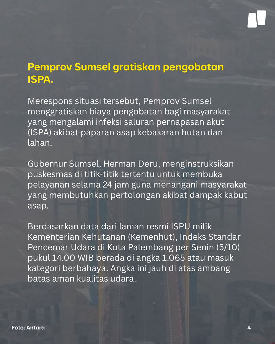 NarasiNewsroom's tweet photo. BMKG menyebutkan kualitas udara di Kota Palembang, Sumatera Selatan, berada di level sangat berbahaya. Kondisi tersebut salah satunya dipengaruhi oleh asap kebakaran hutan dan lahan yang terjadi di beberapa wilayah di Sumsel, yang terbawa masuk ke Kota Palembang.

Dashboard penanganan karhutla milik BNPB mencatat, ada 1.859 titik panas (hotspot) di Sumatera Selatan per 4 Oktober 2026. Luasan lahan terbakar di Sumsel dalam 24 jam terakhir menempati posisi teratas dengan 352,5 hektare.

Simak selengkapnya di slide.

| Narasi Daily