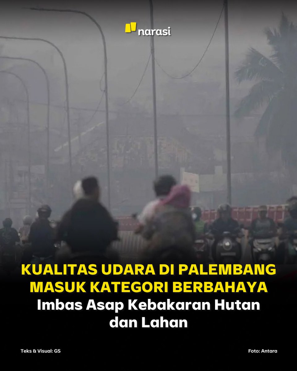 NarasiNewsroom's tweet photo. BMKG menyebutkan kualitas udara di Kota Palembang, Sumatera Selatan, berada di level sangat berbahaya. Kondisi tersebut salah satunya dipengaruhi oleh asap kebakaran hutan dan lahan yang terjadi di beberapa wilayah di Sumsel, yang terbawa masuk ke Kota Palembang.

Dashboard penanganan karhutla milik BNPB mencatat, ada 1.859 titik panas (hotspot) di Sumatera Selatan per 4 Oktober 2026. Luasan lahan terbakar di Sumsel dalam 24 jam terakhir menempati posisi teratas dengan 352,5 hektare.

Simak selengkapnya di slide.

| Narasi Daily