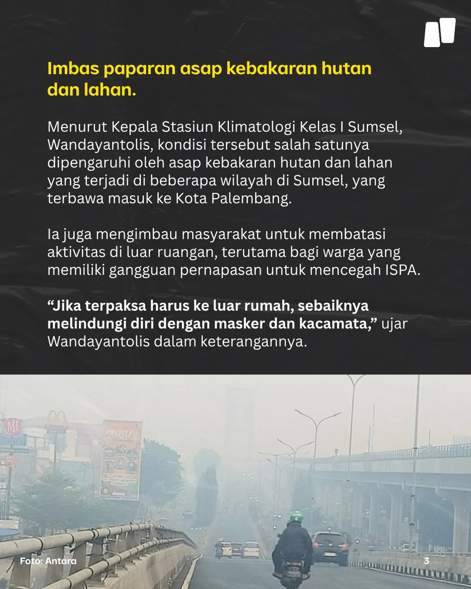 NarasiNewsroom's tweet photo. BMKG menyebutkan kualitas udara di Kota Palembang, Sumatera Selatan, berada di level sangat berbahaya. Kondisi tersebut salah satunya dipengaruhi oleh asap kebakaran hutan dan lahan yang terjadi di beberapa wilayah di Sumsel, yang terbawa masuk ke Kota Palembang.

Dashboard penanganan karhutla milik BNPB mencatat, ada 1.859 titik panas (hotspot) di Sumatera Selatan per 4 Oktober 2026. Luasan lahan terbakar di Sumsel dalam 24 jam terakhir menempati posisi teratas dengan 352,5 hektare.

Simak selengkapnya di slide.

| Narasi Daily