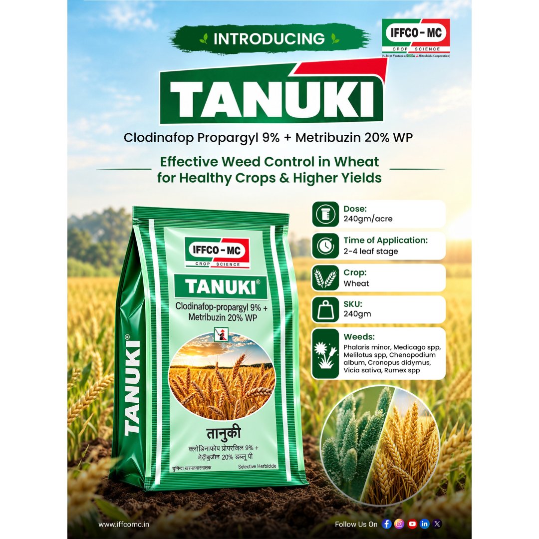 iffcomc's tweet photo. Tanuki - A new name for effective weed management is here! 🌾

Introducing Tanuki, IFFCO-MC’s upcoming selective herbicide powered by Clodinafop Propargyl 9% + Metribuzin 20% WP, designed for effective control of key weeds in wheat.

#Tanuki #Herbicide #Wheat #iffco #iffcomc https://t.co/jiUE2YeWdT