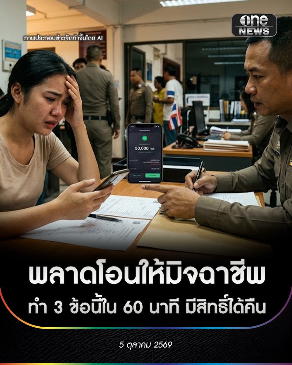 onenews31's tweet photo. 5 ต.ค. 69 เมื่อตกเป็นเหยื่อแก๊งคอลเซ็นเตอร์หรือเพลี่ยงพล้ำโอนเงินให้มิจฉาชีพ สิ่งสำคัญที่สุดคือ "เวลา" ในช่วง Golden Hour (1 ชั่วโมงแรก) เพราะเป็นช่วงเวลาที่มิจฉาชีพกำลังเตรียมโยกย้ายเงินออกผ่านบัญชีม้า หากดำเนินการตัดวงจรได้ทัน โอกาสดึงเงินคืนกลับมาจะมีสูงที่สุด
.
3 ขั้นตอนปฏิบัติทันที เมื่อรู้ตัวว่าถูกหลอก
.
1. โทรอายัดบัญชีด่วน (เร็วที่สุด)
o โทรสายด่วน AOC 1441 (ศูนย์ปฏิบัติการแก้ไขปัญหาอาชญากรรมออนไลน์) หรือโทรเบอร์เฉพาะทางของธนาคารต้นทางทันที
o ธนาคารจะทำการระงับธุรกรรมชั่วคราว 72 ชั่วโมง พร้อมออก Bank Case ID (เลขรหัสแจ้งความชั่วคราว) ให้ทันที
.
2. แคปหลักฐานให้ครบ
o สลิปการโอนเงิน (ต้องเห็นเลขบัญชี วัน-เวลาชัดเจน)
o หน้าจอข้อความแชตสนทนา, โปรไฟล์มิจฉาชีพ, ลิงก์ หรือเบอร์โทรศัพท์ที่ใช้ติดต่อ
.
3. แจ้งความออนไลน์ภายใน 72 ชั่วโมง
o เข้าเว็บไซต์ https://t.co/Dp0IFR10kY เพื่อกรอกรายละเอียดและระบุ Bank Case ID เพื่อให้เจ้าหน้าที่ตำรวจออกหมายอายัดบัญชีอย่างเป็นทางการดำเนินคดีต่อ
.
รวมเบอร์ศูนย์อายัดบัญชีด่วน ทุกธนาคาร (บริการ 24 ชั่วโมง)
• สายด่วนเตือนภัยมิจฉาชีพ : 1441 (ศูนย์ AOC)
• ธนาคารกสิกรไทย : 02-888-8888 กด 001
• ธนาคารไทยพาณิชย์ : 02-777-7575
• ธนาคารกรุงไทย : 02-111-1111 กด 108
• ธนาคารกรุงเทพ : 1333 หรือ 02-645-5555 กด *3
• ธนาคารกรุงศรีอยุธยา : 1572 กด 5
• ธนาคารทหารไทยธนชาต (ttb) : 1428 กด 3
• ธนาคารออมสิน : 1115 กด 6
• ธนาคารเพื่อการเกษตรและสหกรณ์การเกษตร (ธ.ก.ส.) : 02-555-0555 กด *3
• ธนาคารซีไอเอ็มบี ไทย : 02-626-7777 กด 8
• ธนาคารยูโอบี : 02-285-1555
.
#onenews
#สำนักข่าววันนิวส์